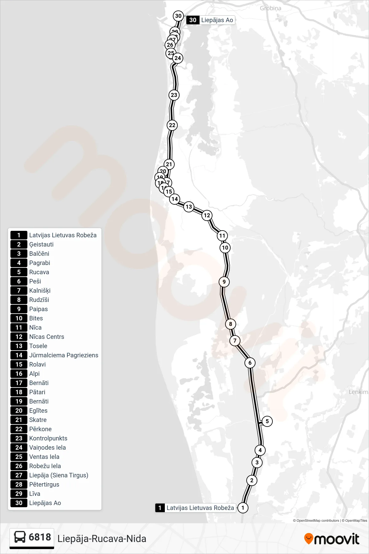 6818 bus Line (Liepājas Ao) route and stops on a map