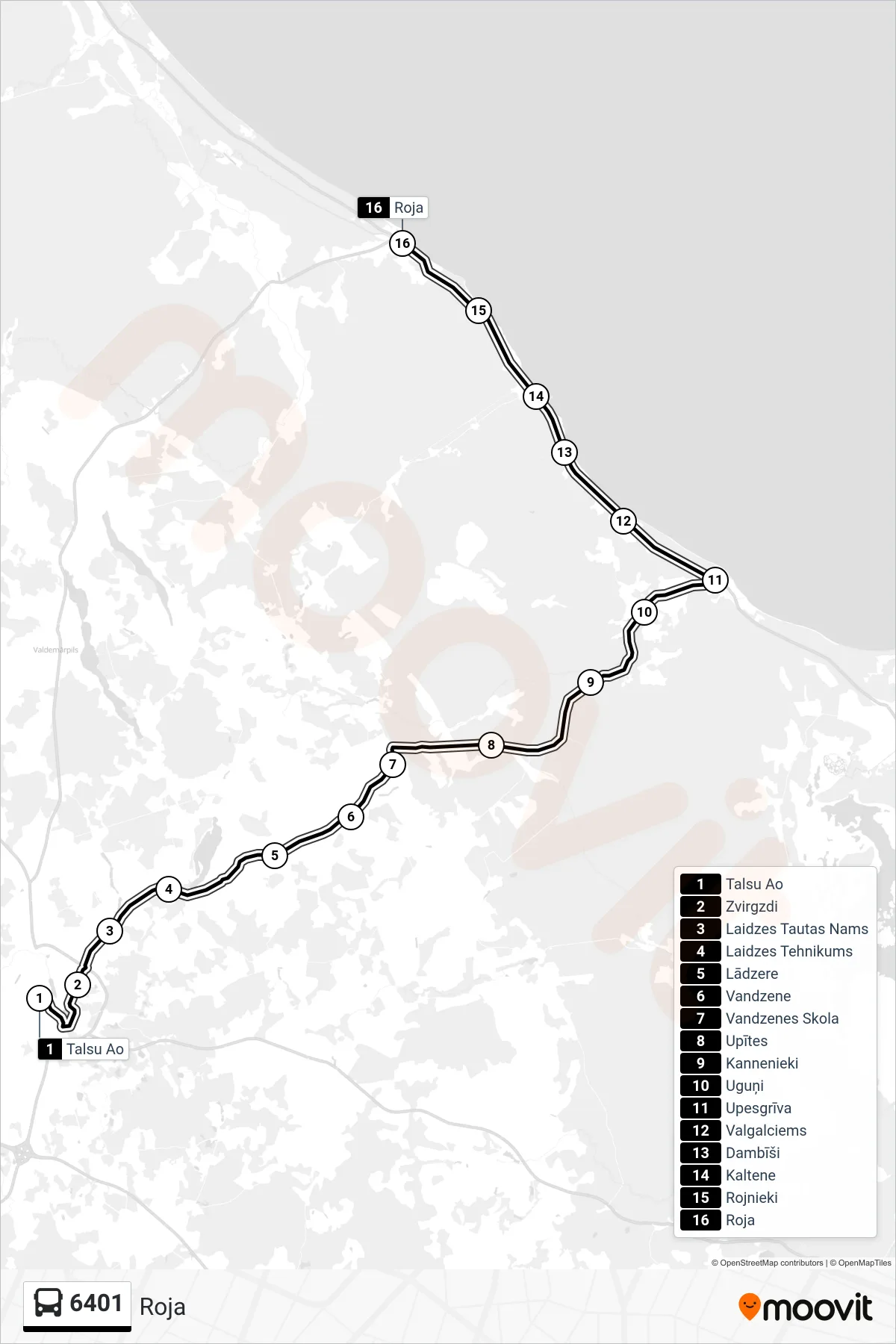 6401 bus Line (Roja) route and stops on a map