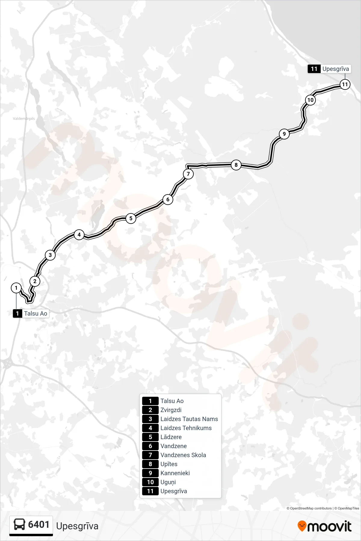 6401 bus Line (Upesgrīva) route and stops on a map