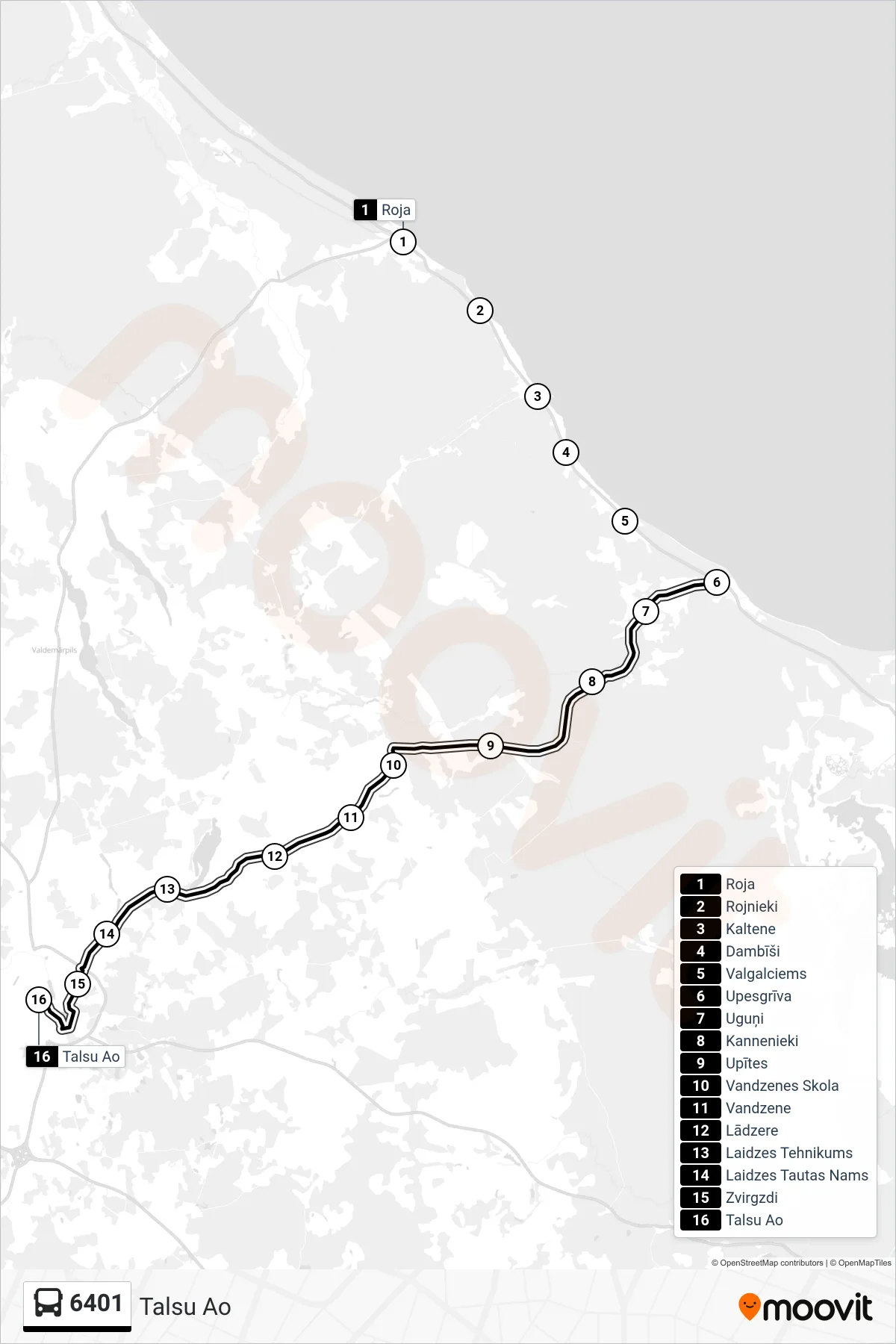 6401 bus Line (Talsu Ao) route and stops on a map