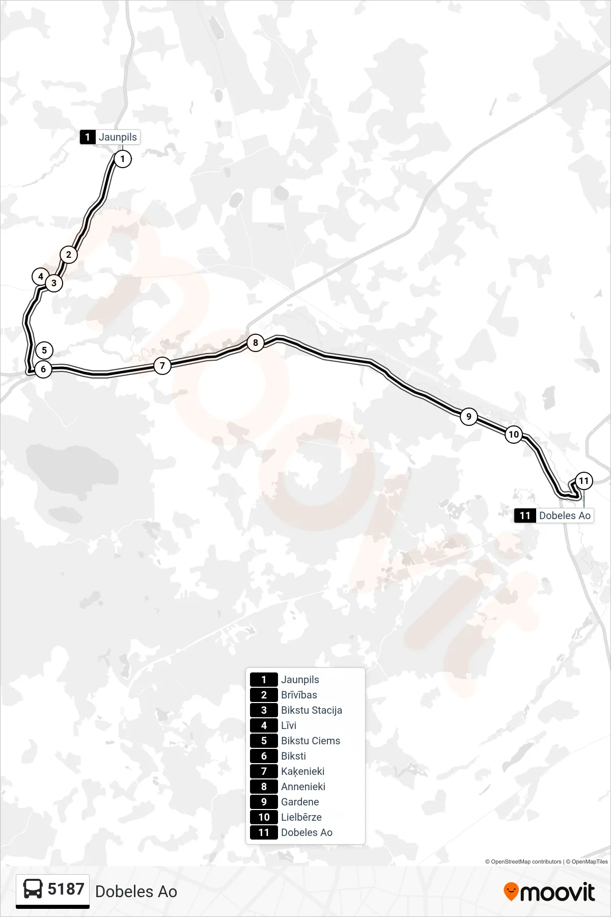 5187 bus Line (Dobeles Ao) route and stops on a map