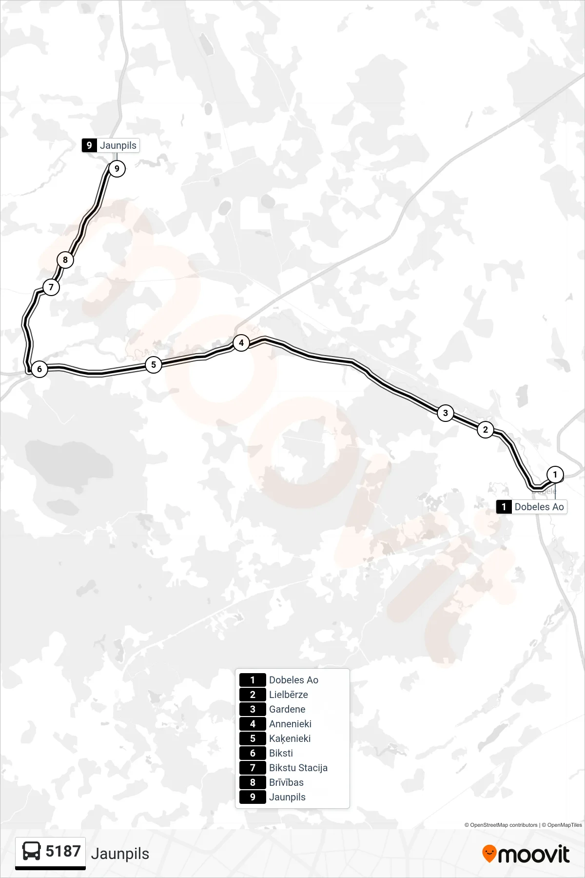 5187 bus Line (Jaunpils) route and stops on a map