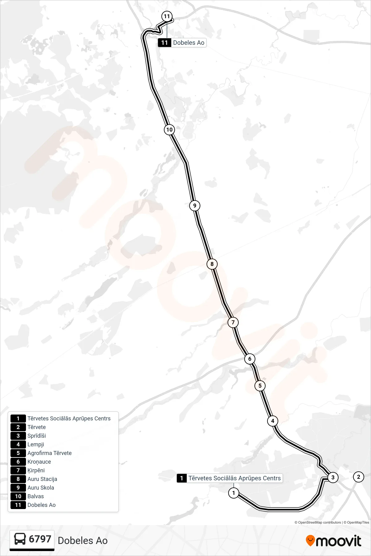 6797 bus Line (Dobeles Ao) route and stops on a map