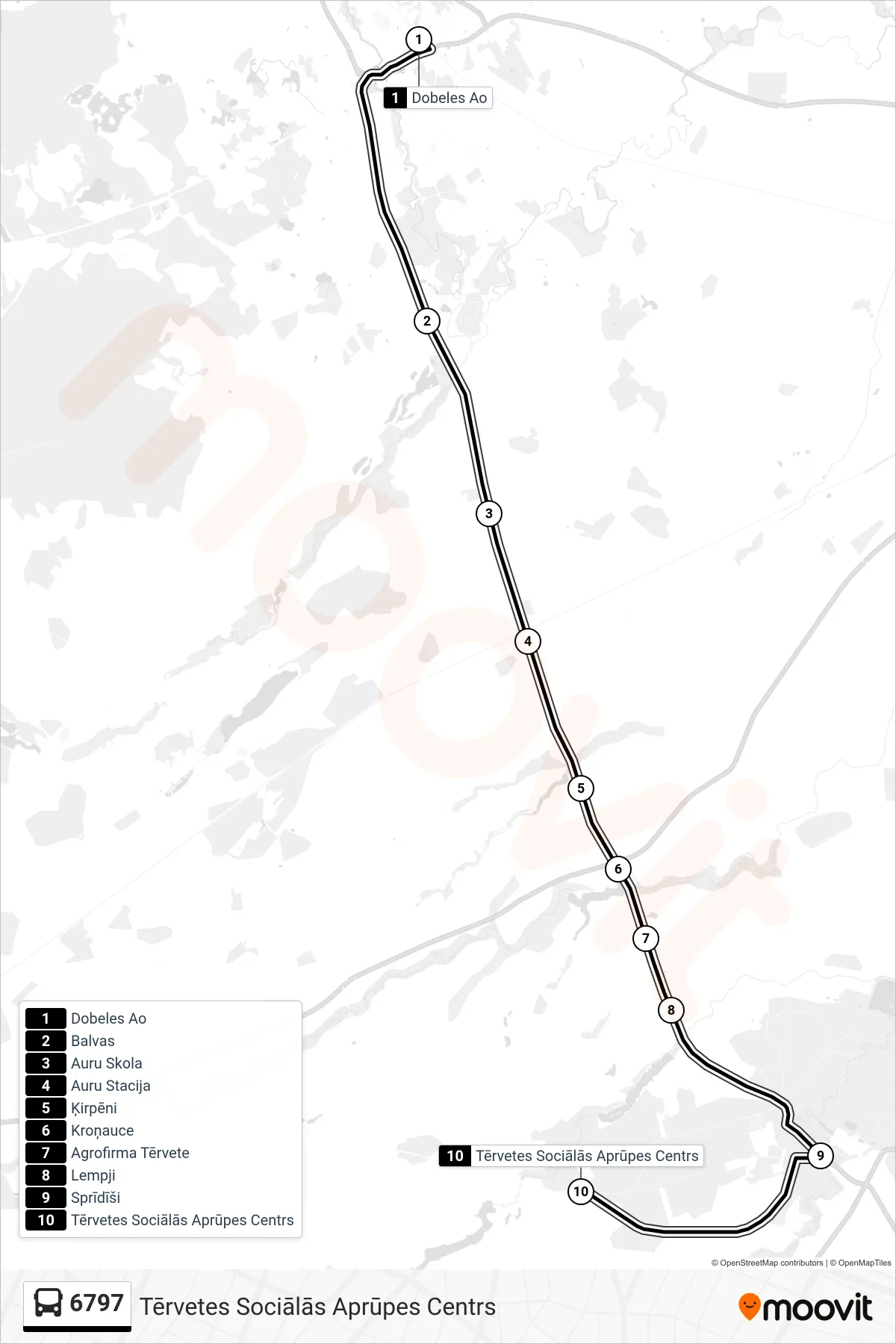 6797 bus Line (Tērvetes Sociālās Aprūpes Centrs) route and stops on a map