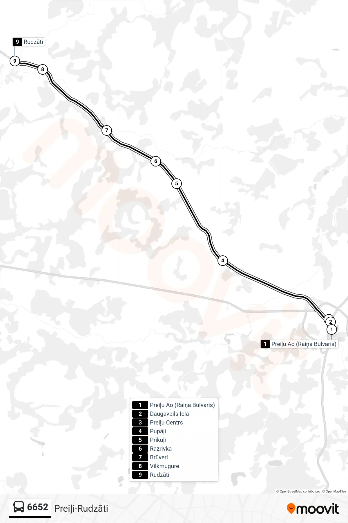 6652 bus Line (Rudzāti) route and stops on a map