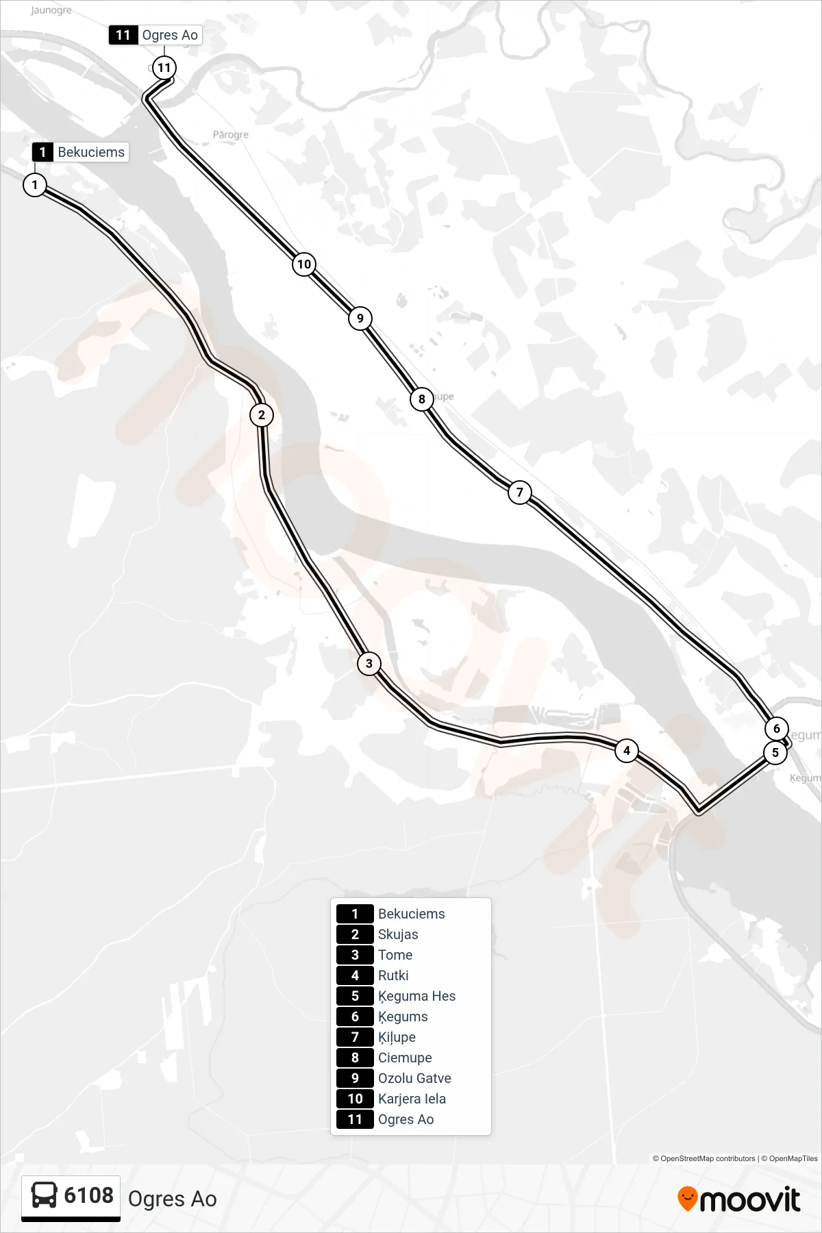 6108 bus Line (Ogres Ao) route and stops on a map