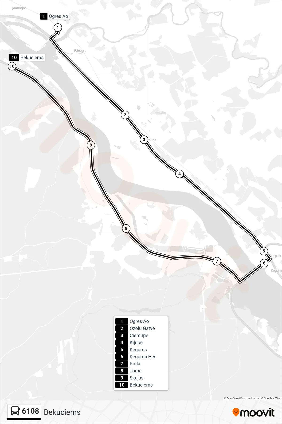 6108 bus Line (Bekuciems) route and stops on a map
