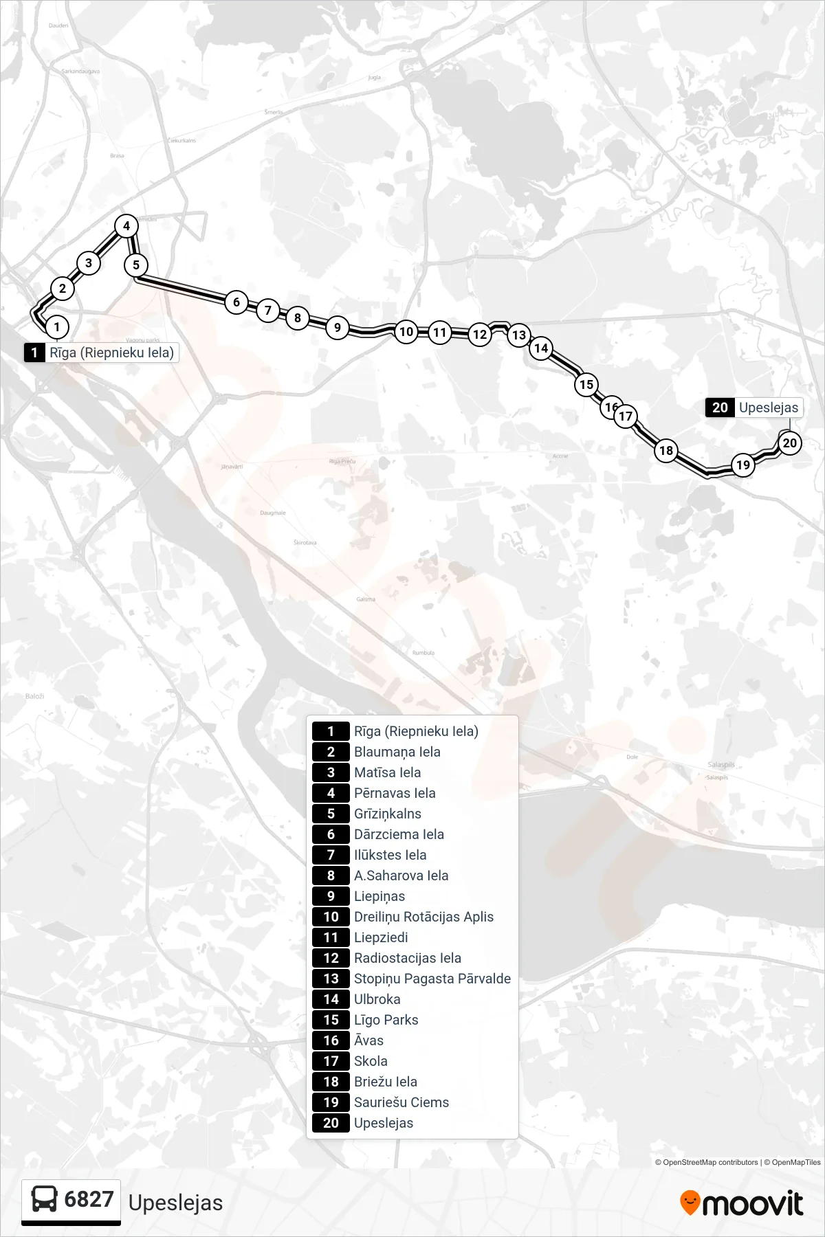 6827 bus Line (Upeslejas) route and stops on a map