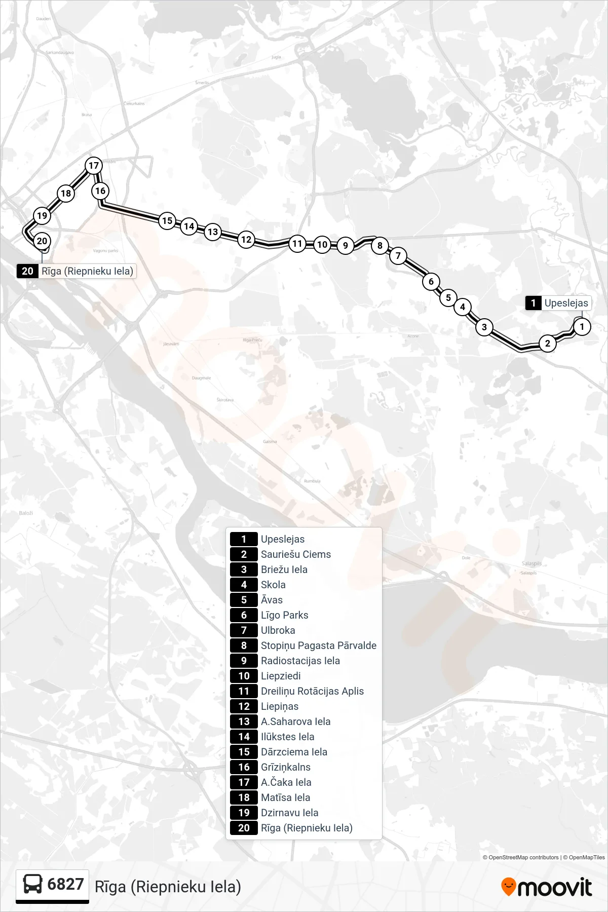 6827 bus Line (Rīga (Riepnieku Iela)) route and stops on a map