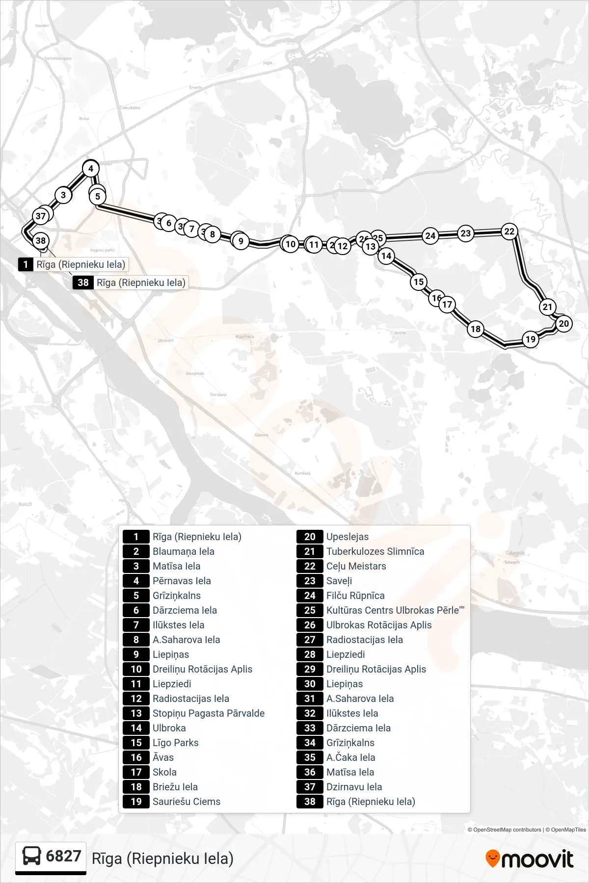 6827 bus Line (Rīga (Riepnieku Iela)) route and stops on a map