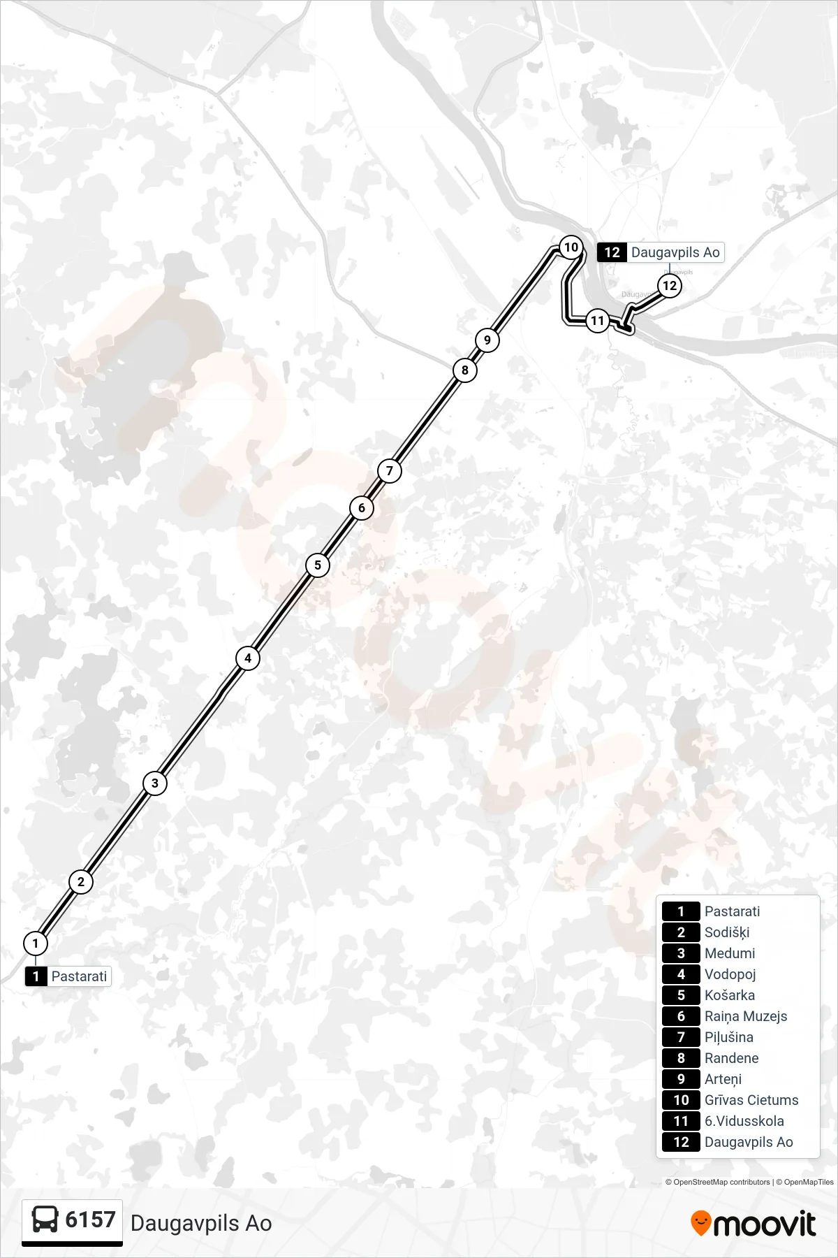 6157 bus Line (Daugavpils Ao) route and stops on a map