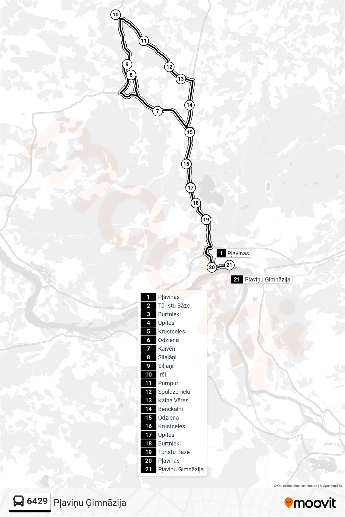 6429 bus Line (Pļaviņu Ģimnāzija) route and stops on a map