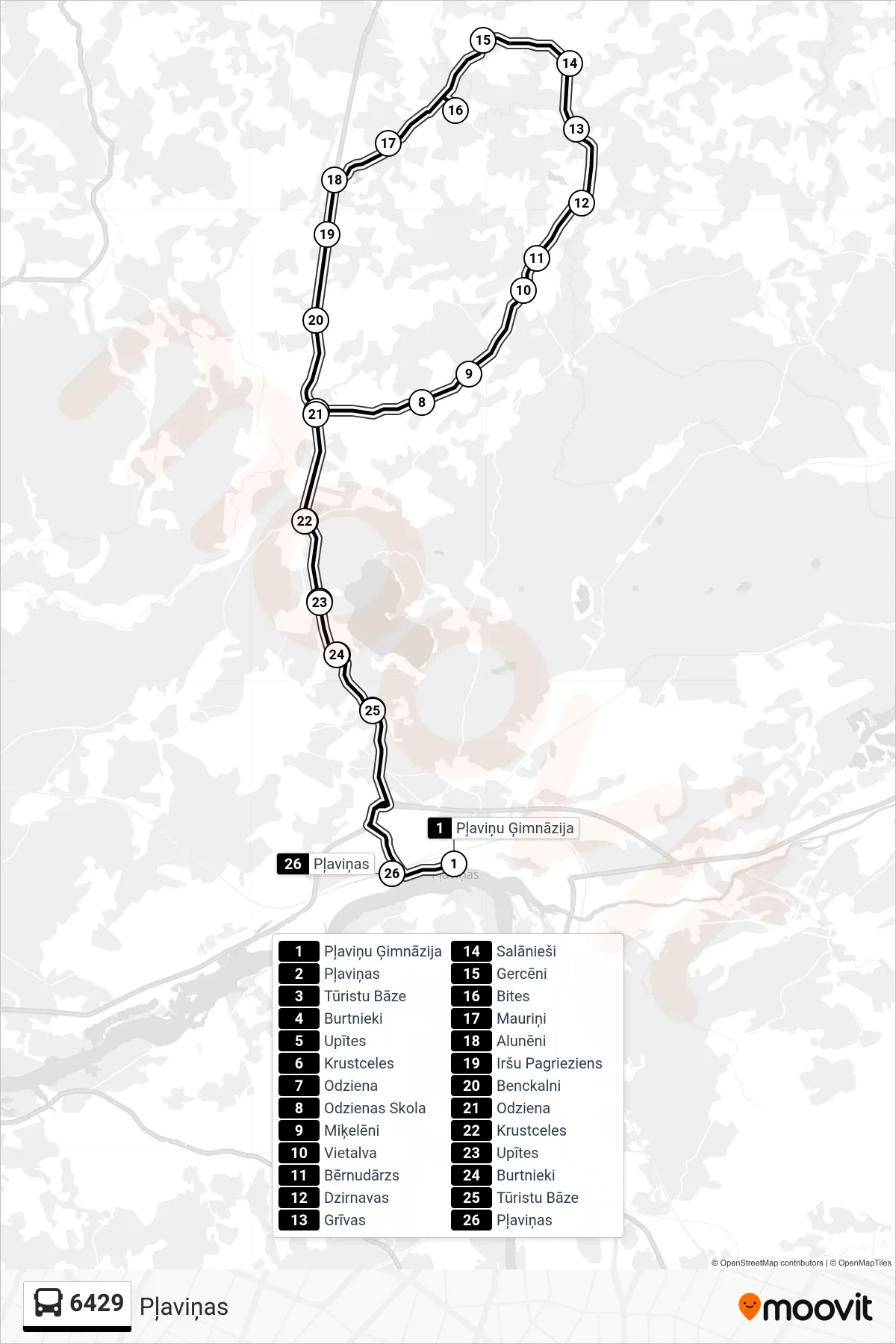 6429 bus Line (Pļaviņas) route and stops on a map