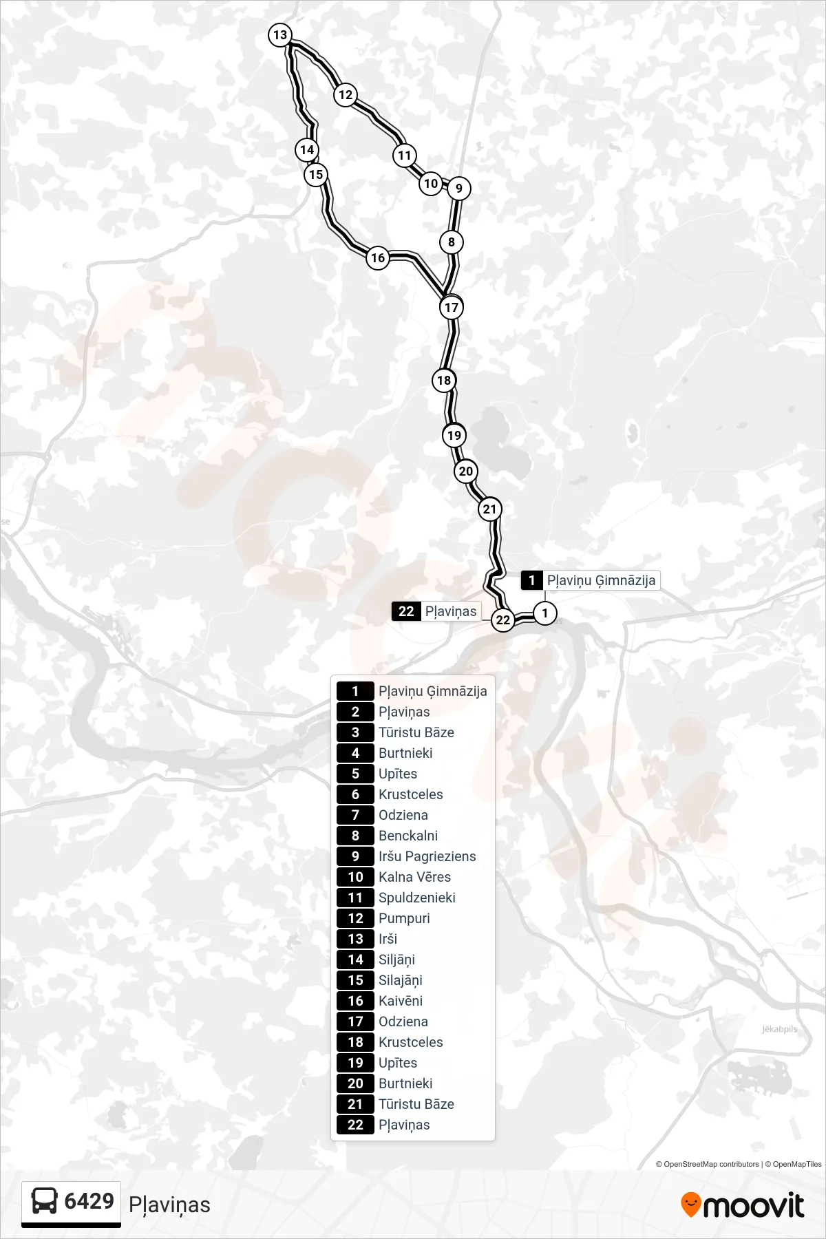 6429 bus Line (Pļaviņas) route and stops on a map