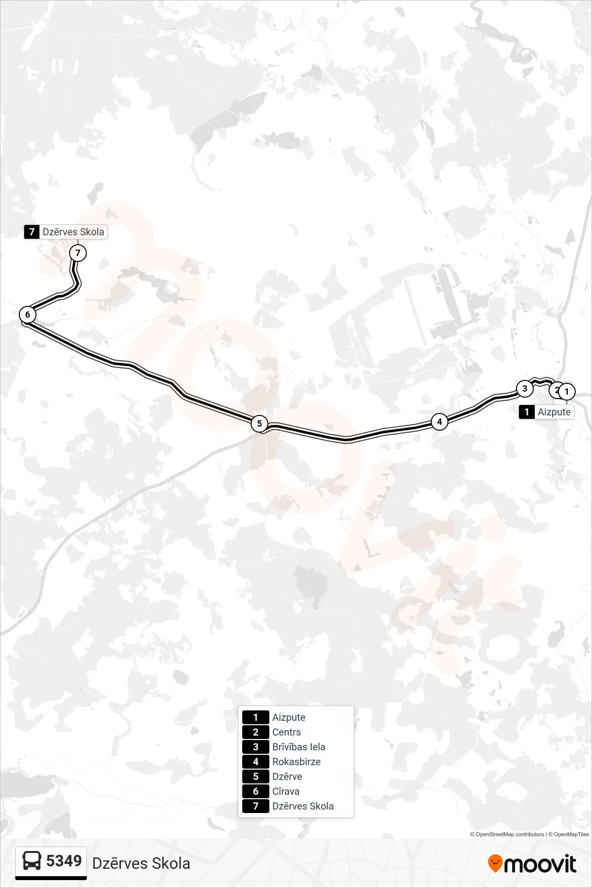5349 bus Line (Dzērves Skola) route and stops on a map
