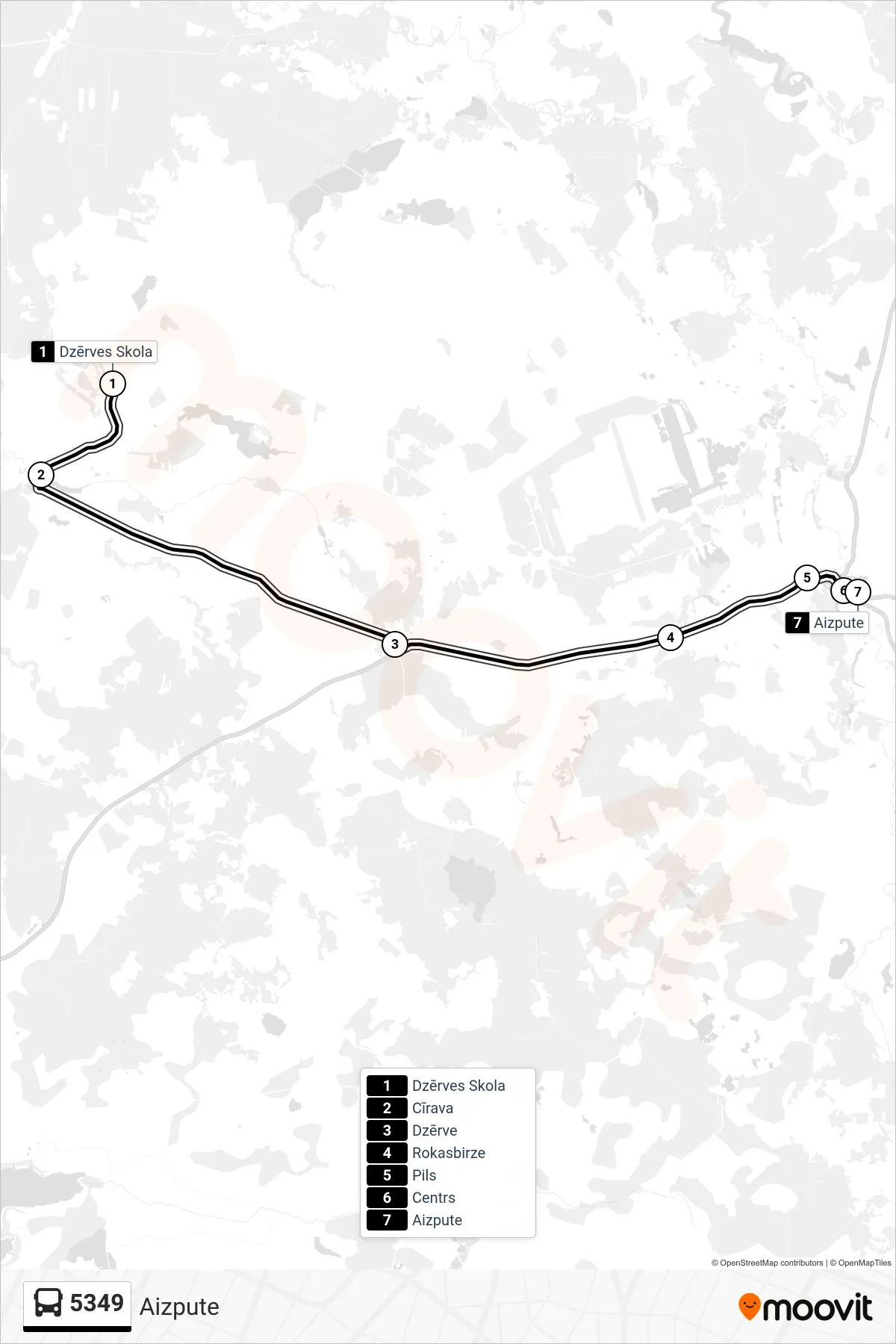 5349 bus Line (Aizpute) route and stops on a map