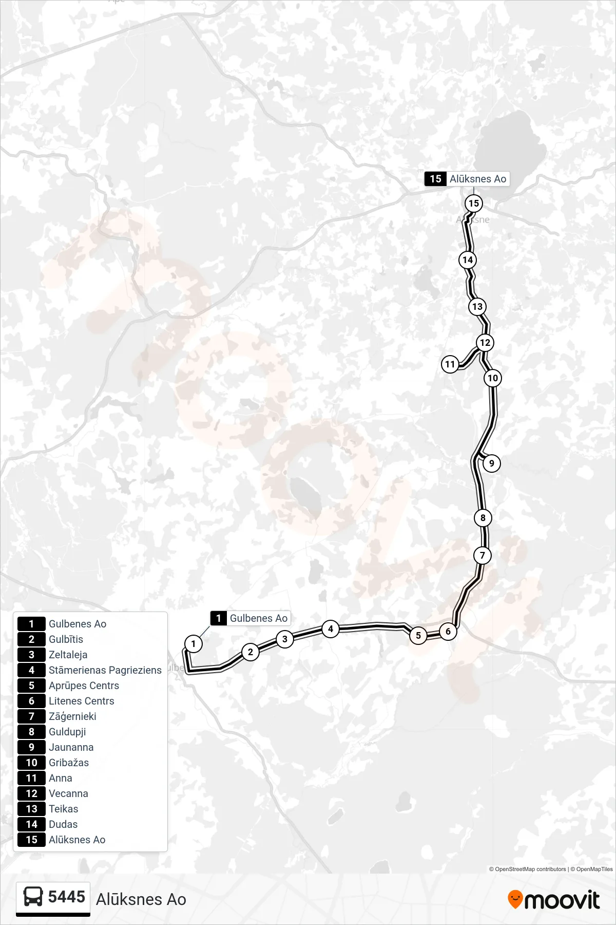 5445 bus Line (Alūksnes Ao) route and stops on a map