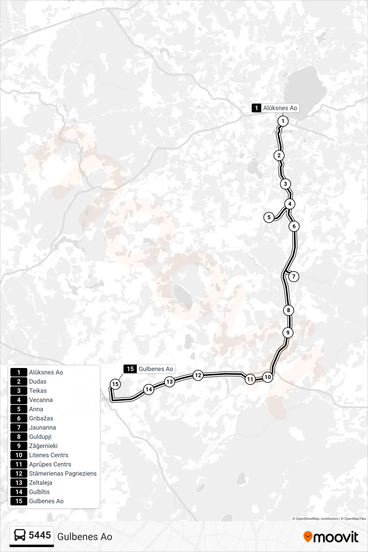 5445 bus Line (Gulbenes Ao) route and stops on a map