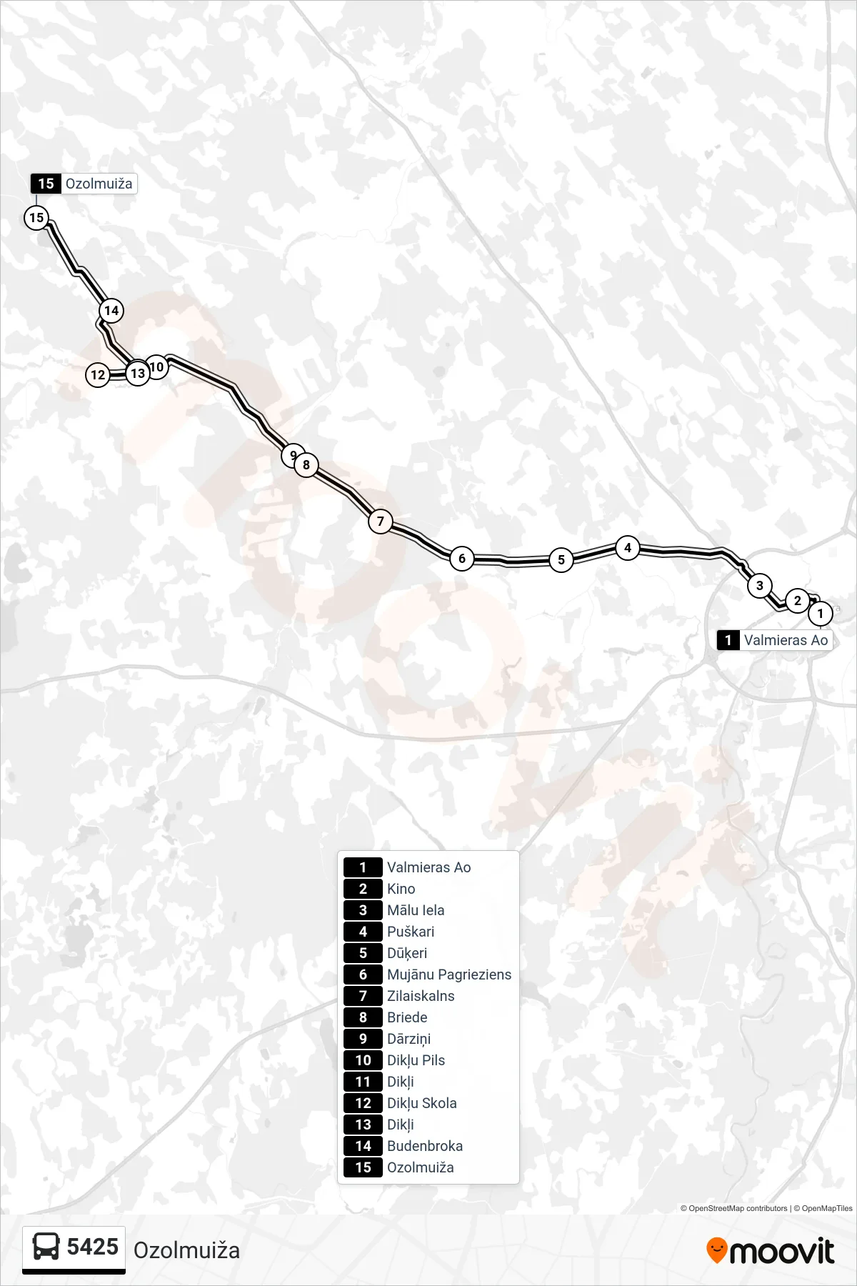 5425 bus Line (Ozolmuiža) route and stops on a map