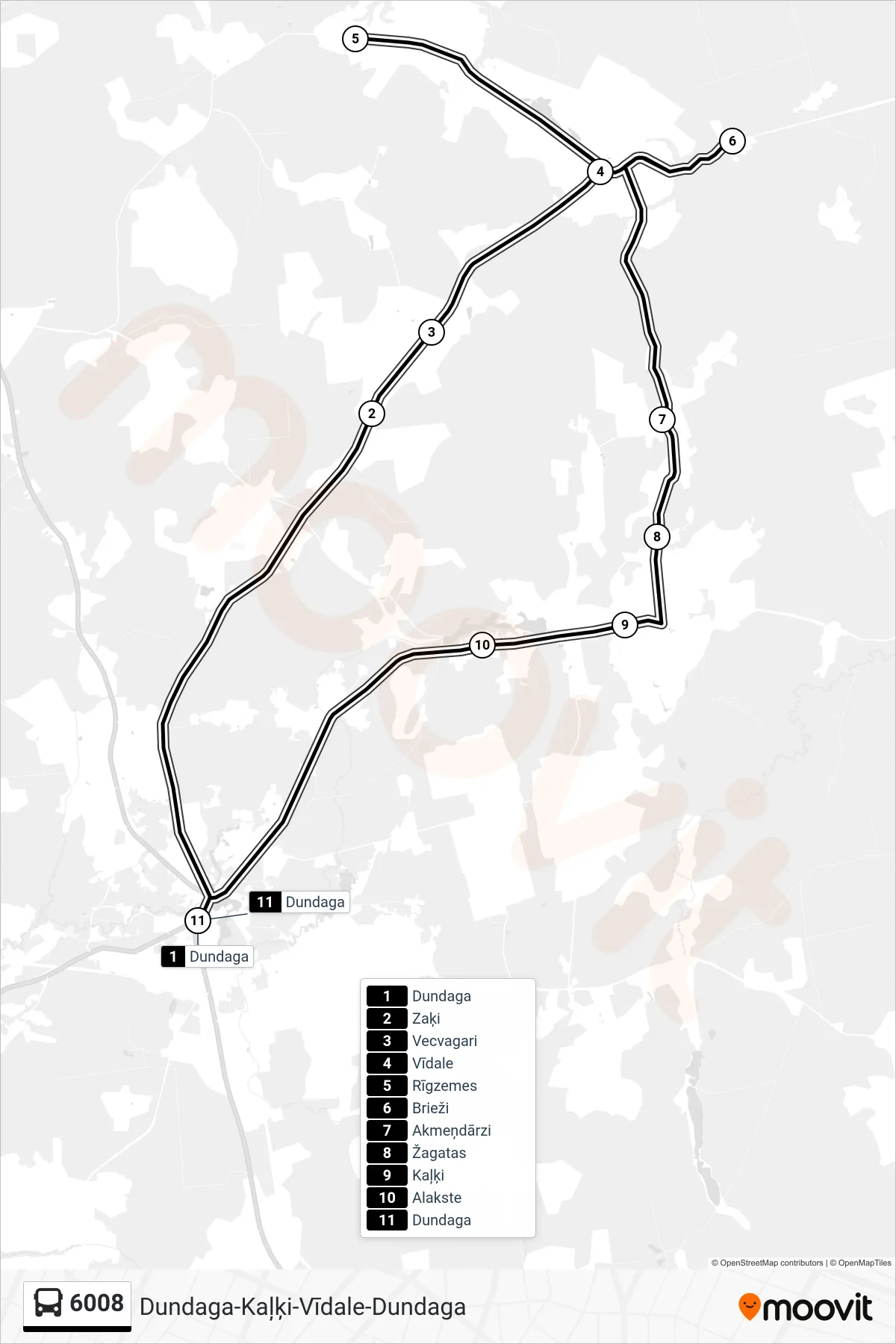 6008 bus Line (Dundaga) route and stops on a map