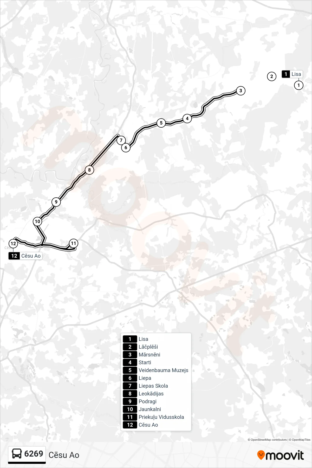 6269 bus Line (Cēsu Ao) route and stops on a map