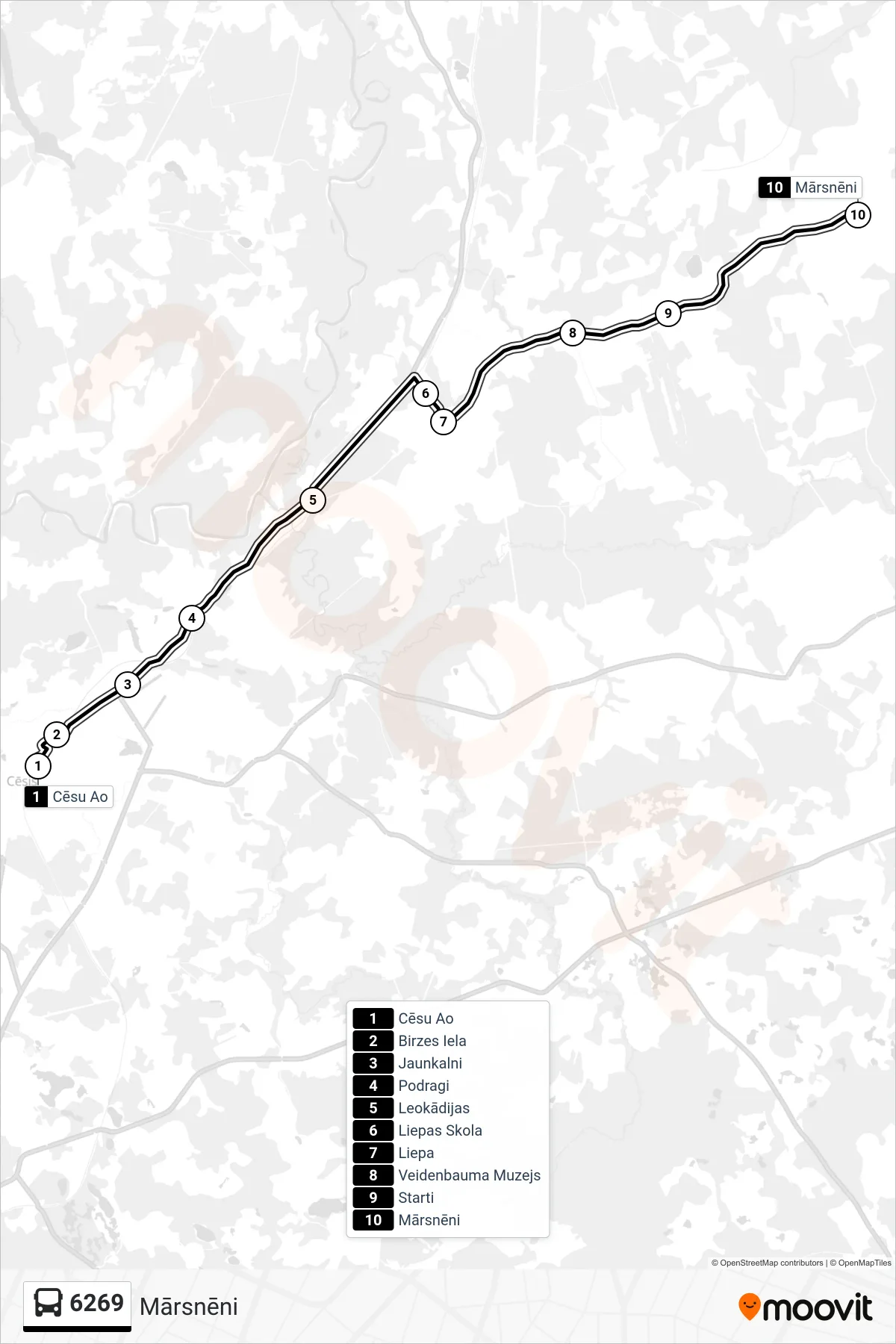6269 bus Line (Mārsnēni) route and stops on a map