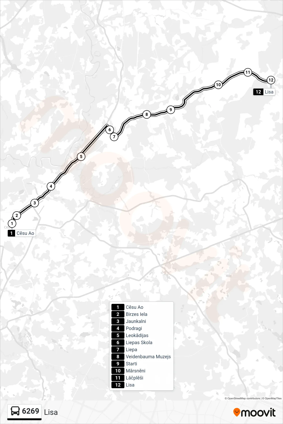 6269 bus Line (Lisa) route and stops on a map
