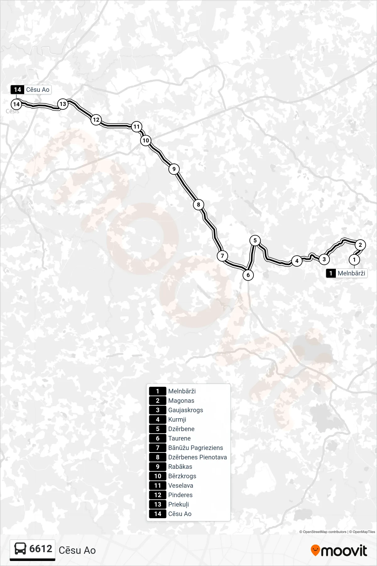 6612 bus Line (Cēsu Ao) route and stops on a map