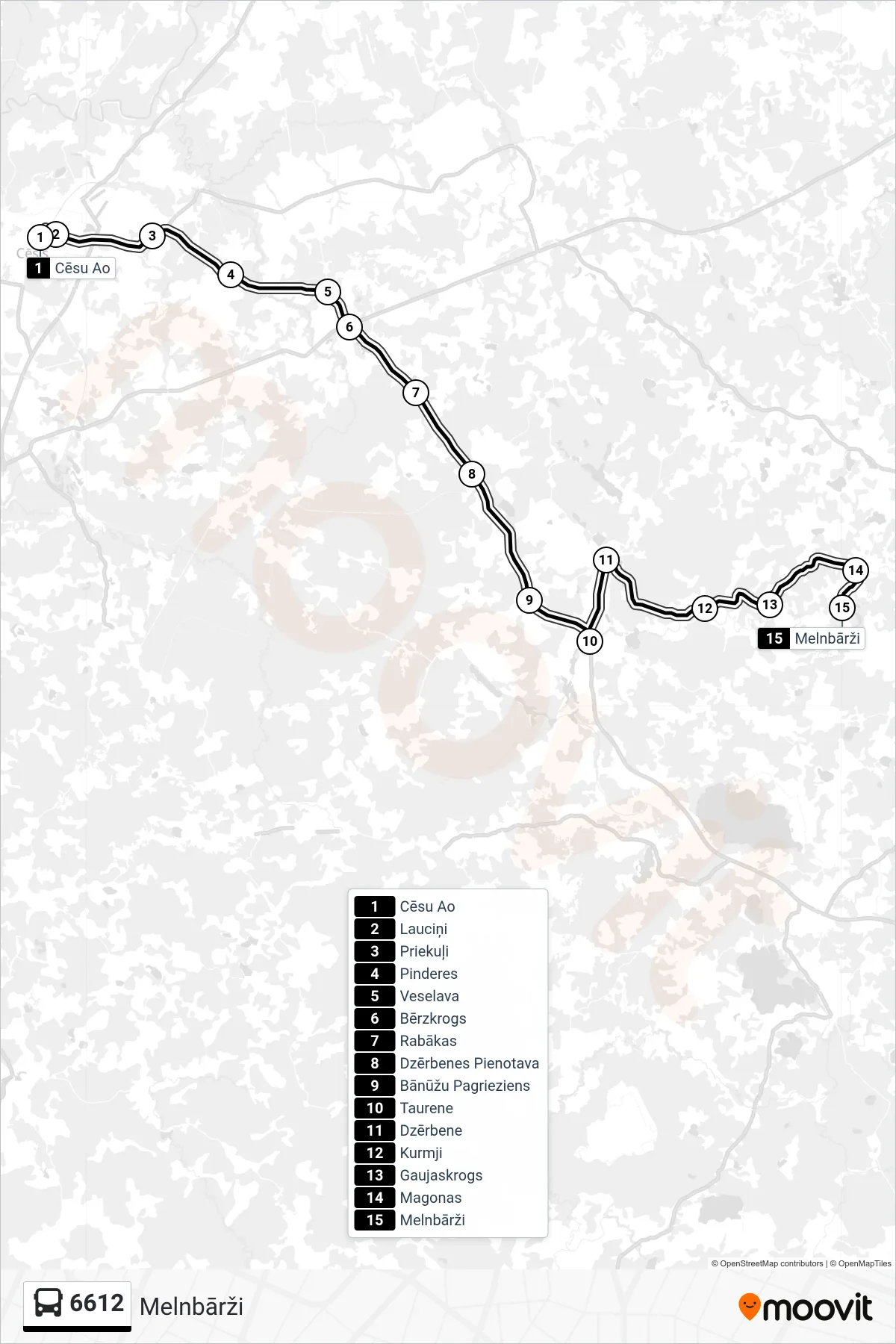 6612 bus Line (Melnbārži) route and stops on a map