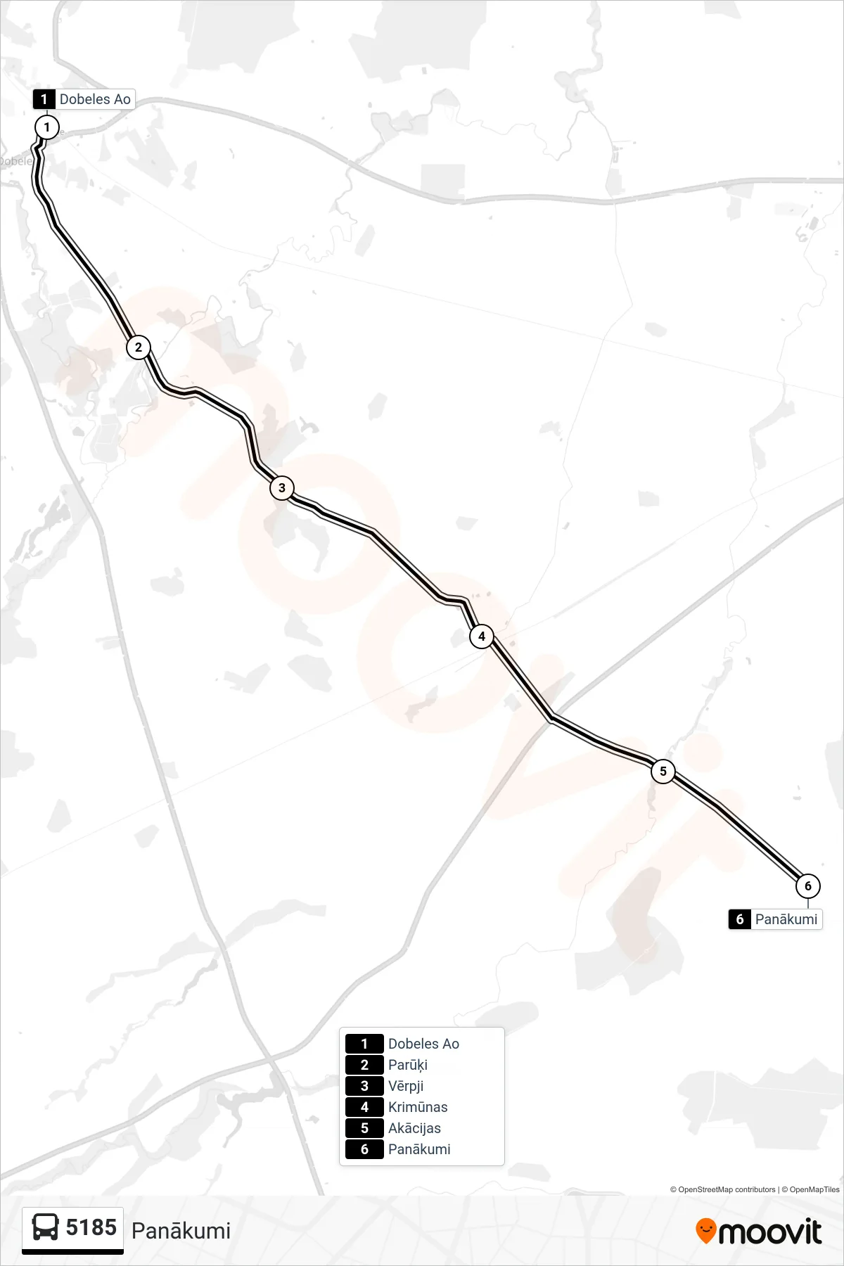 5185 bus Line (Panākumi) route and stops on a map