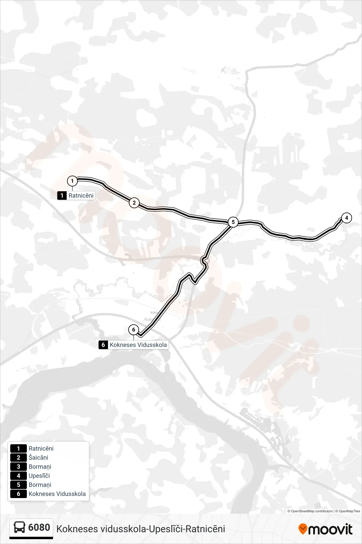 6080 bus Line (Kokneses Vidusskola) route and stops on a map
