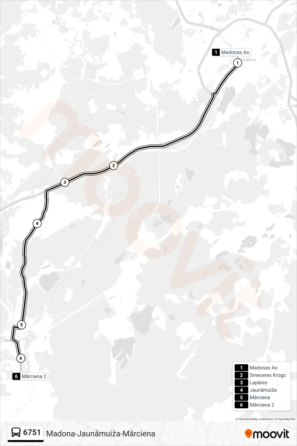 6751 bus Line (Mārciena 2) route and stops on a map