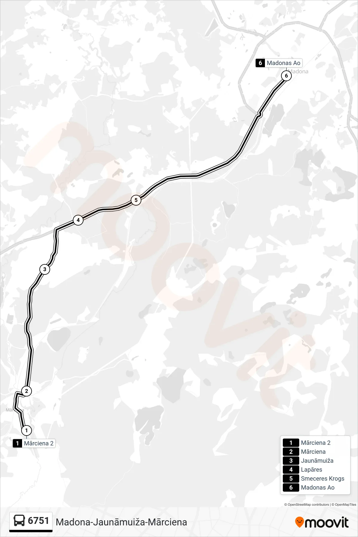 6751 bus Line (Madonas Ao) route and stops on a map