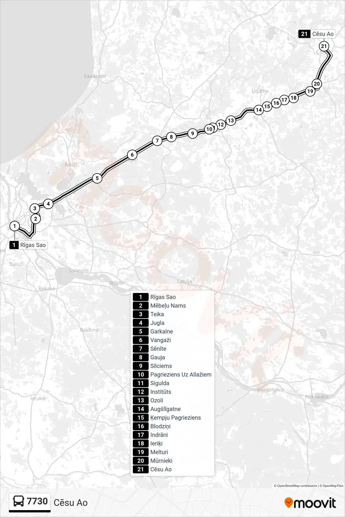 7730 bus Line (Cēsu Ao) route and stops on a map