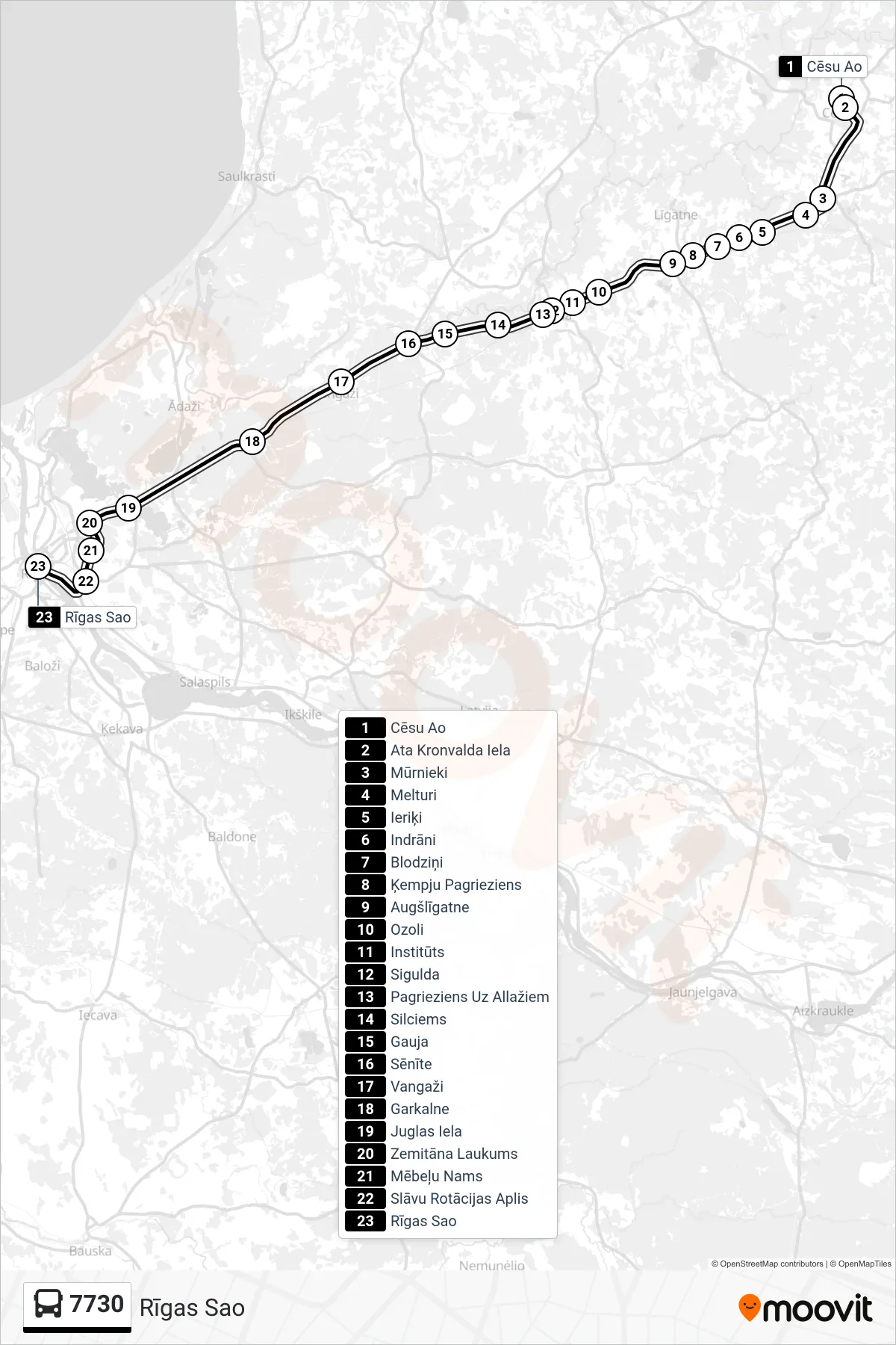 7730 bus Line (Rīgas Sao) route and stops on a map