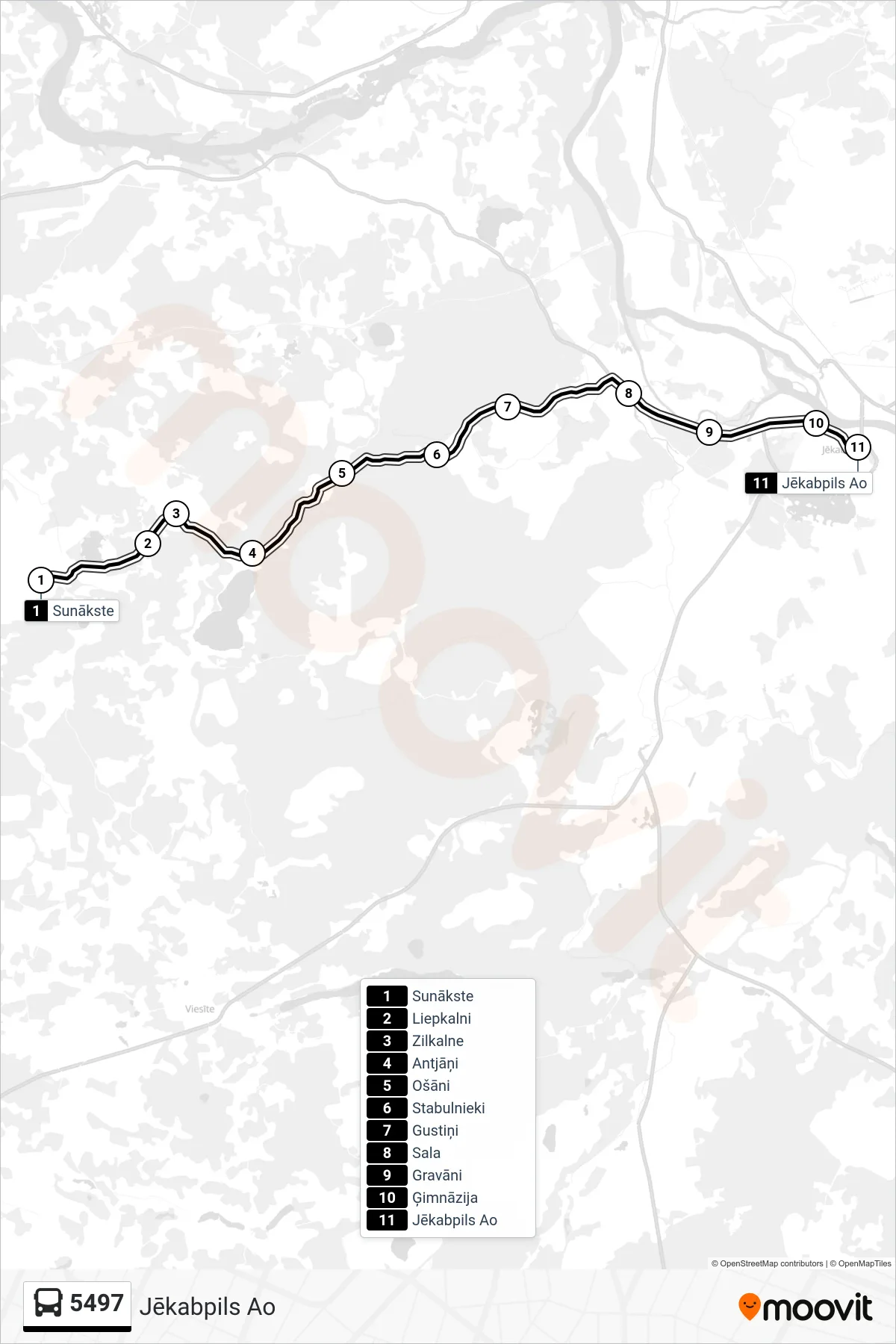 5497 bus Line (Jēkabpils Ao) route and stops on a map