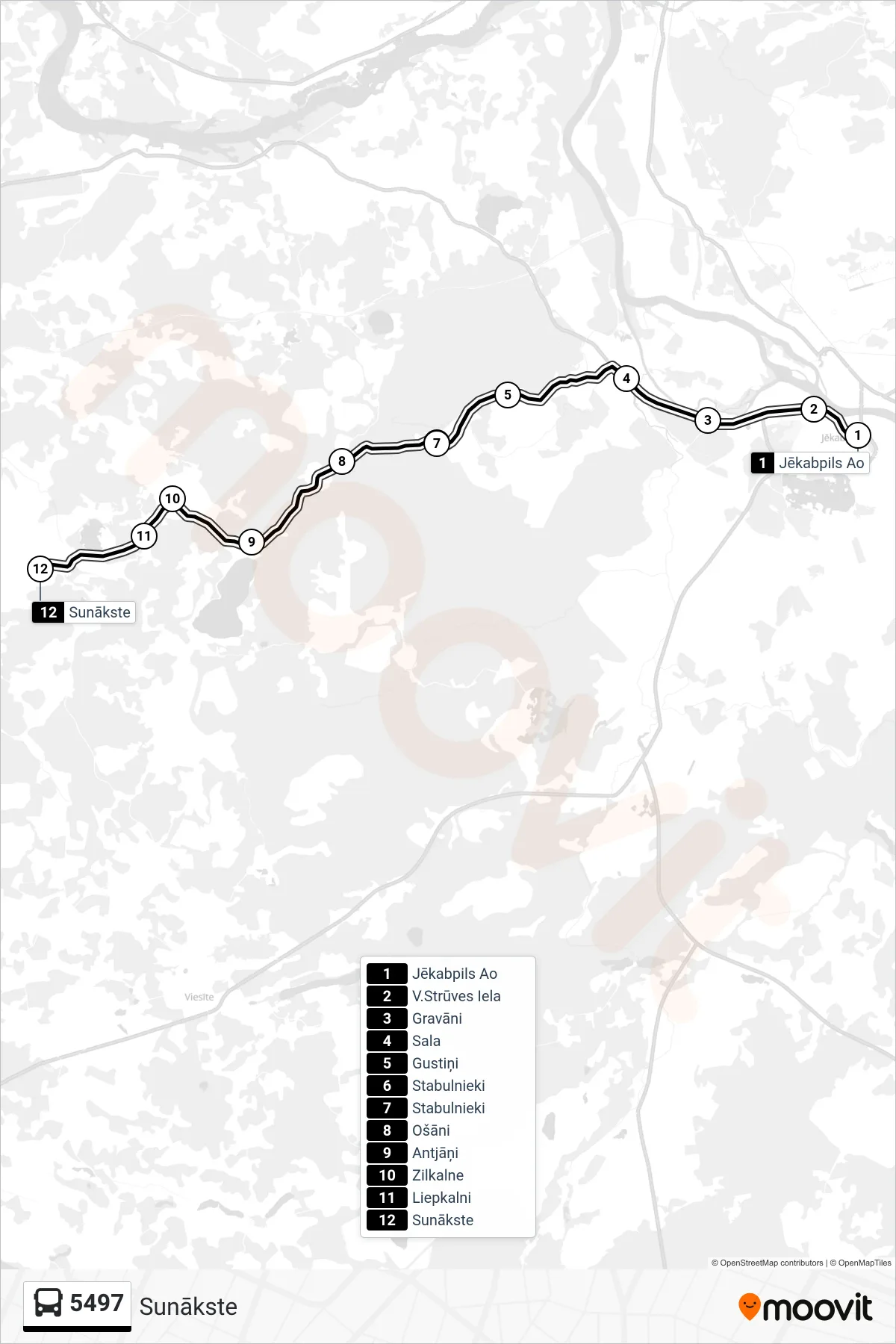5497 bus Line (Sunākste) route and stops on a map