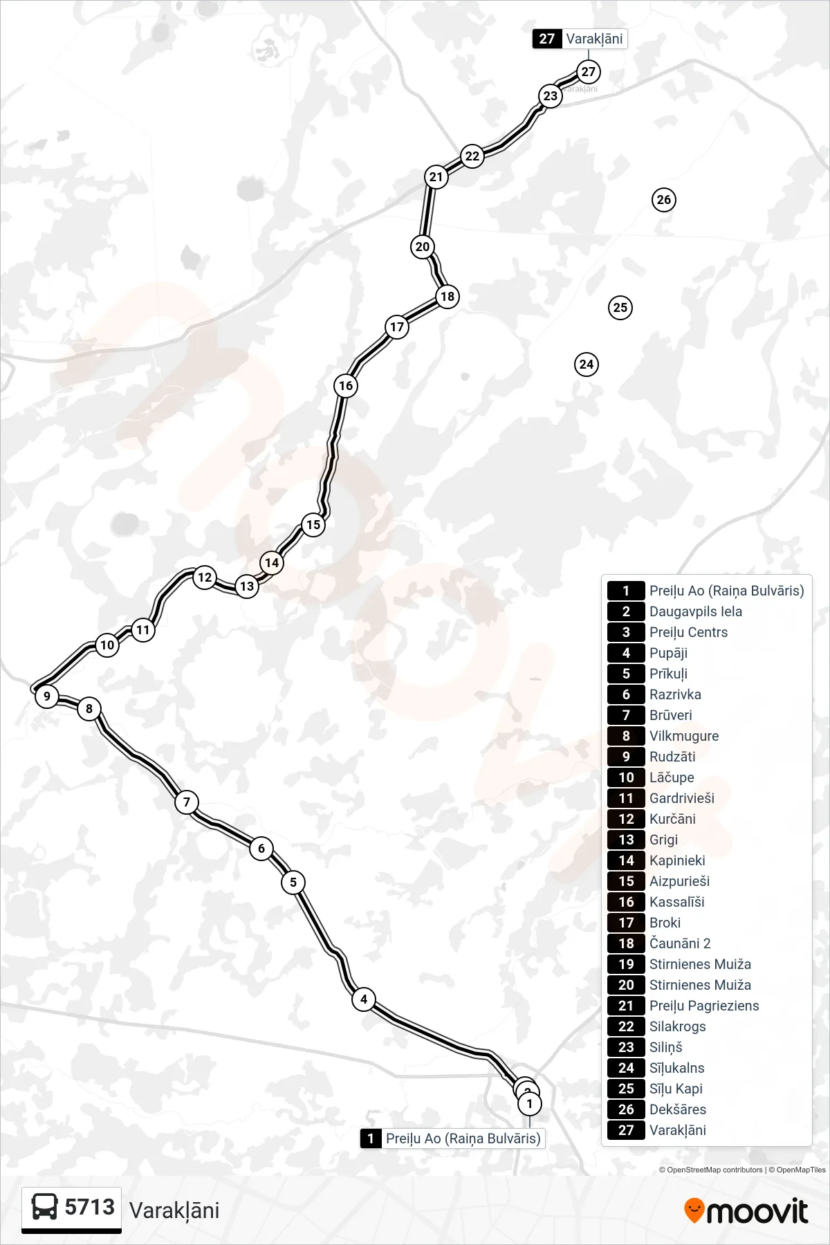 5713 bus Line (Varakļāni) route and stops on a map