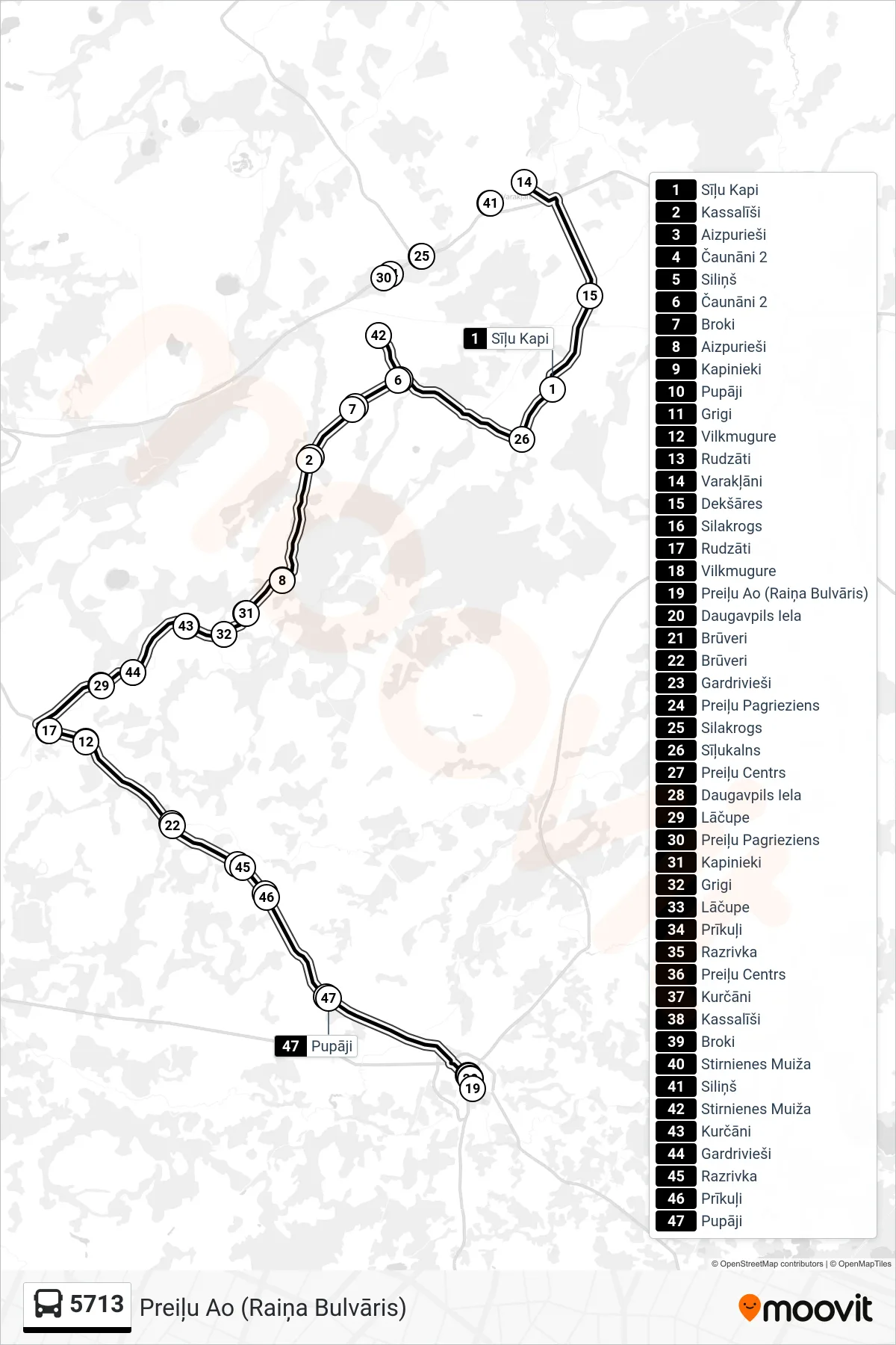 5713 bus Line (Preiļu Ao (Raiņa Bulvāris)) route and stops on a map