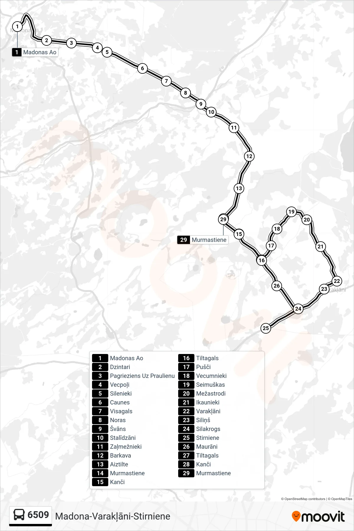 6509 bus Line (Murmastiene) route and stops on a map
