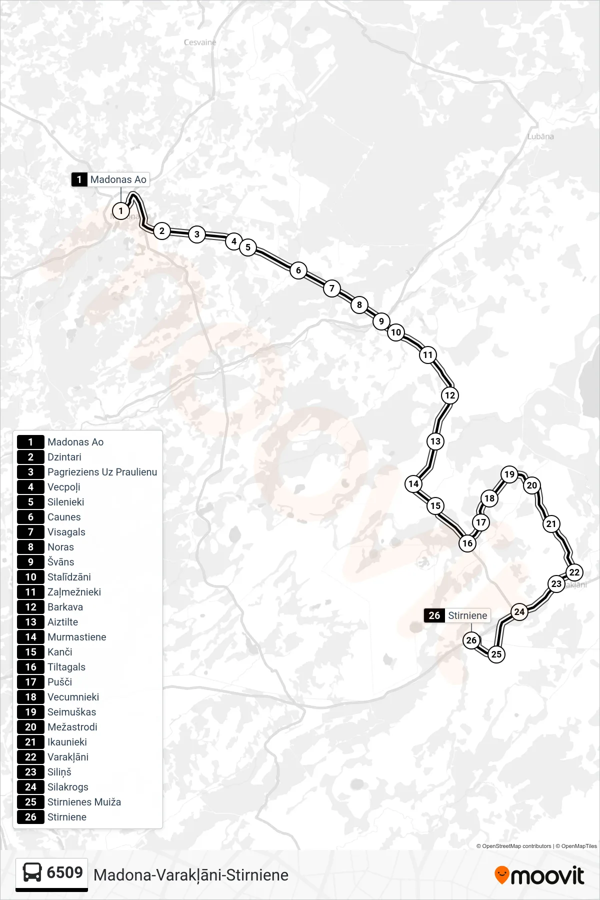 6509 bus Line (Stirniene) route and stops on a map