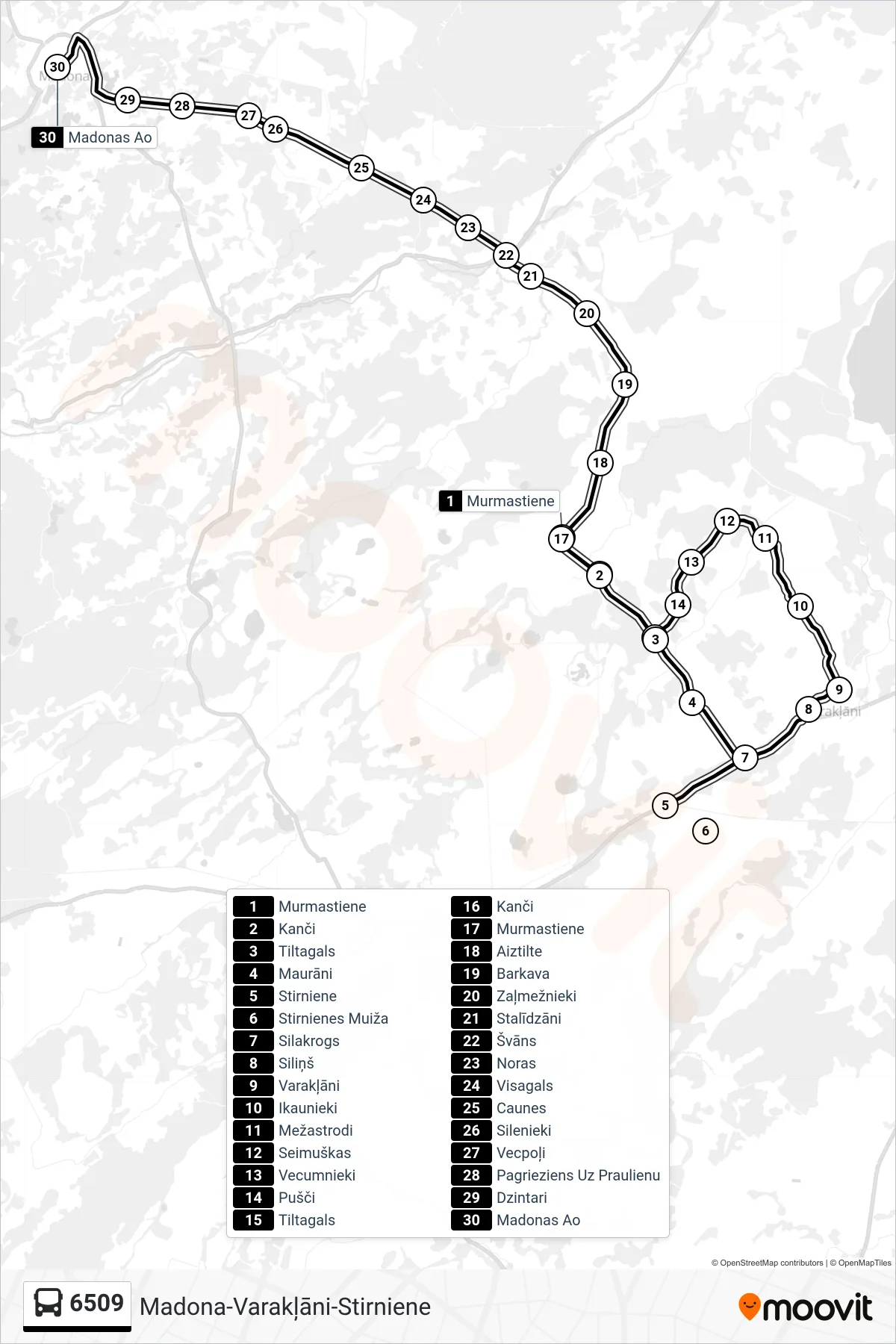 6509 bus Line (Madonas Ao) route and stops on a map