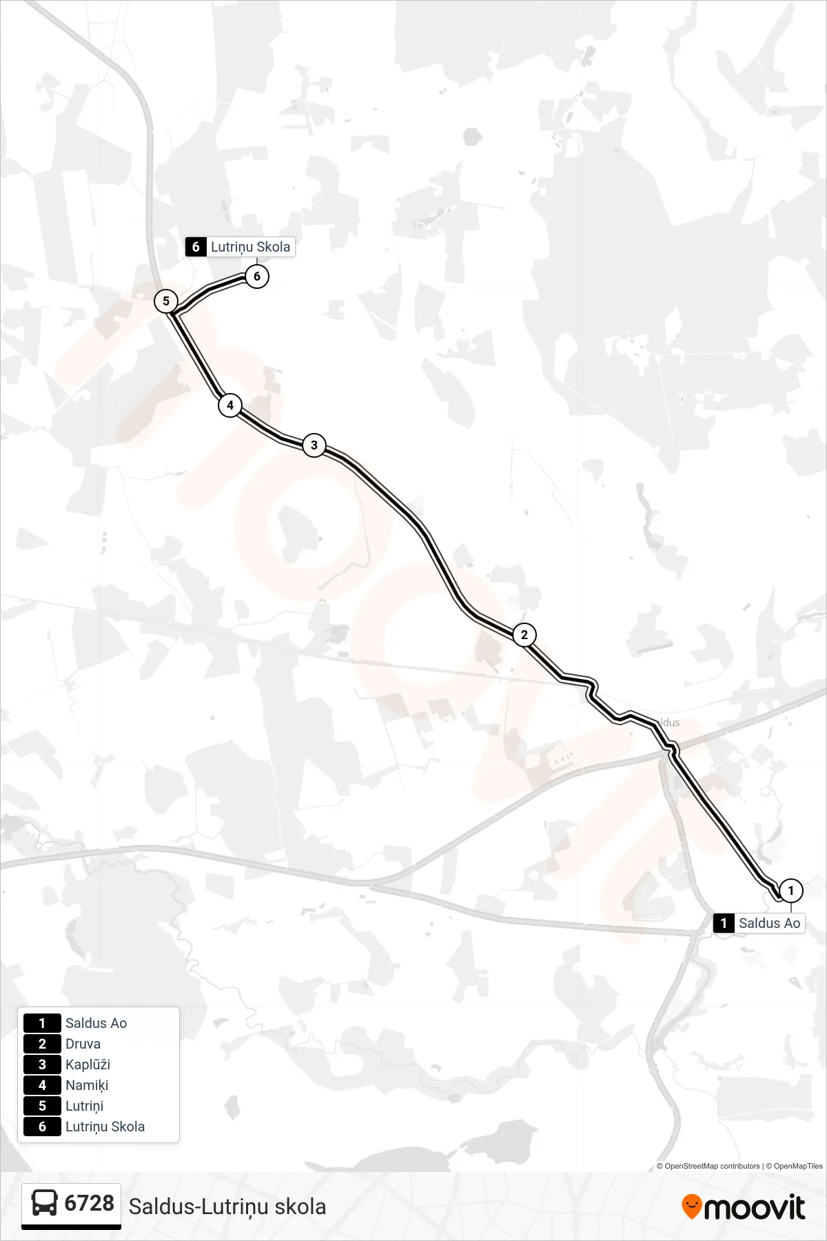 6728 bus Line (Lutriņu Skola) route and stops on a map