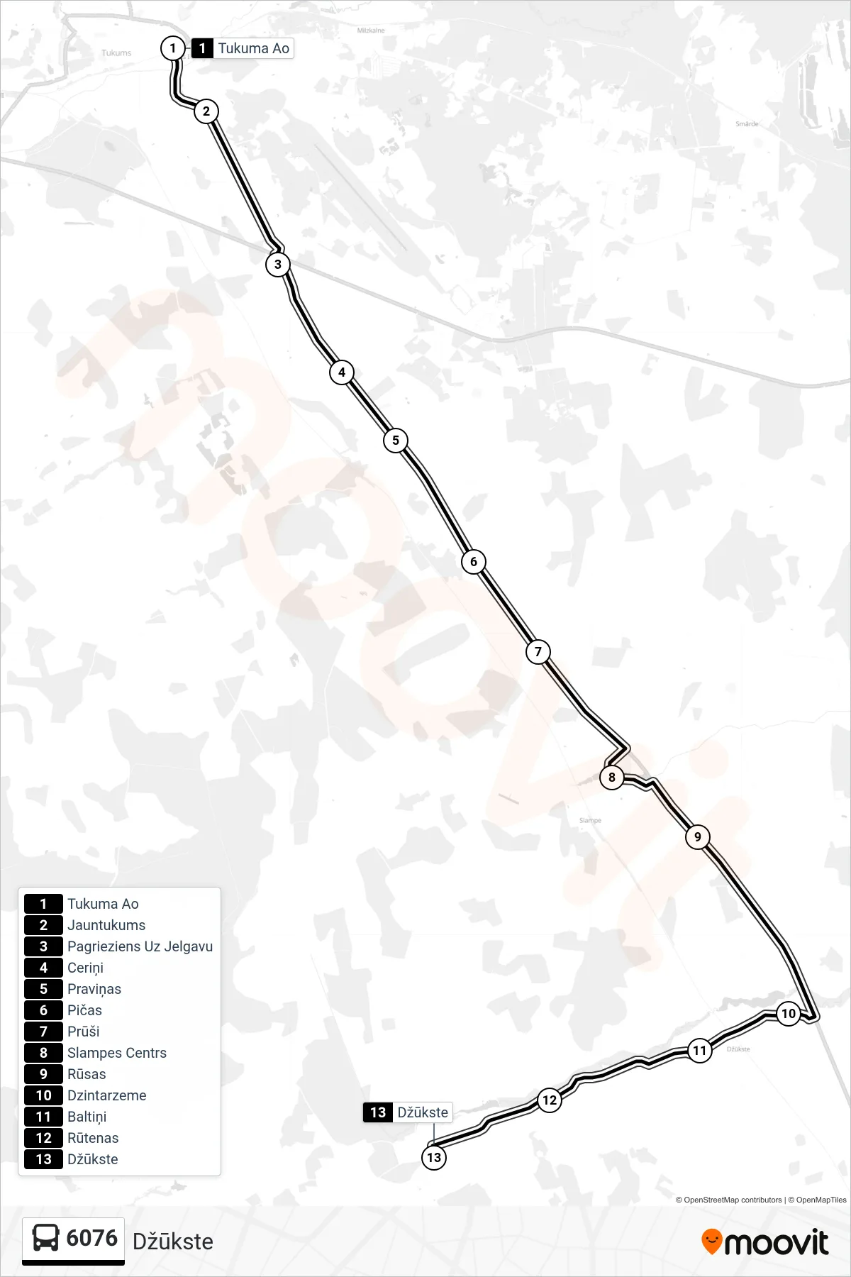 6076 bus Line (Džūkste) route and stops on a map
