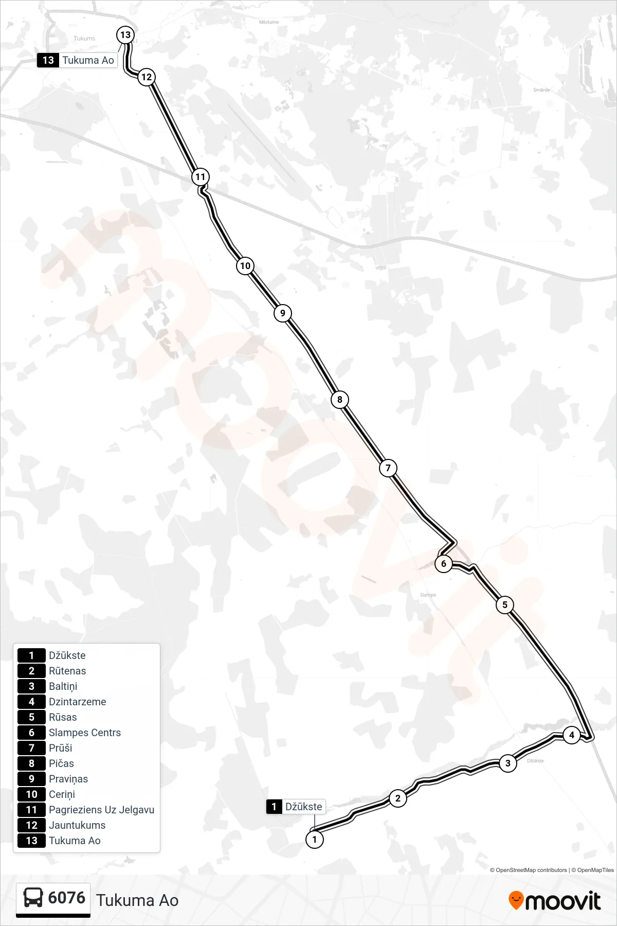 6076 bus Line (Tukuma Ao) route and stops on a map
