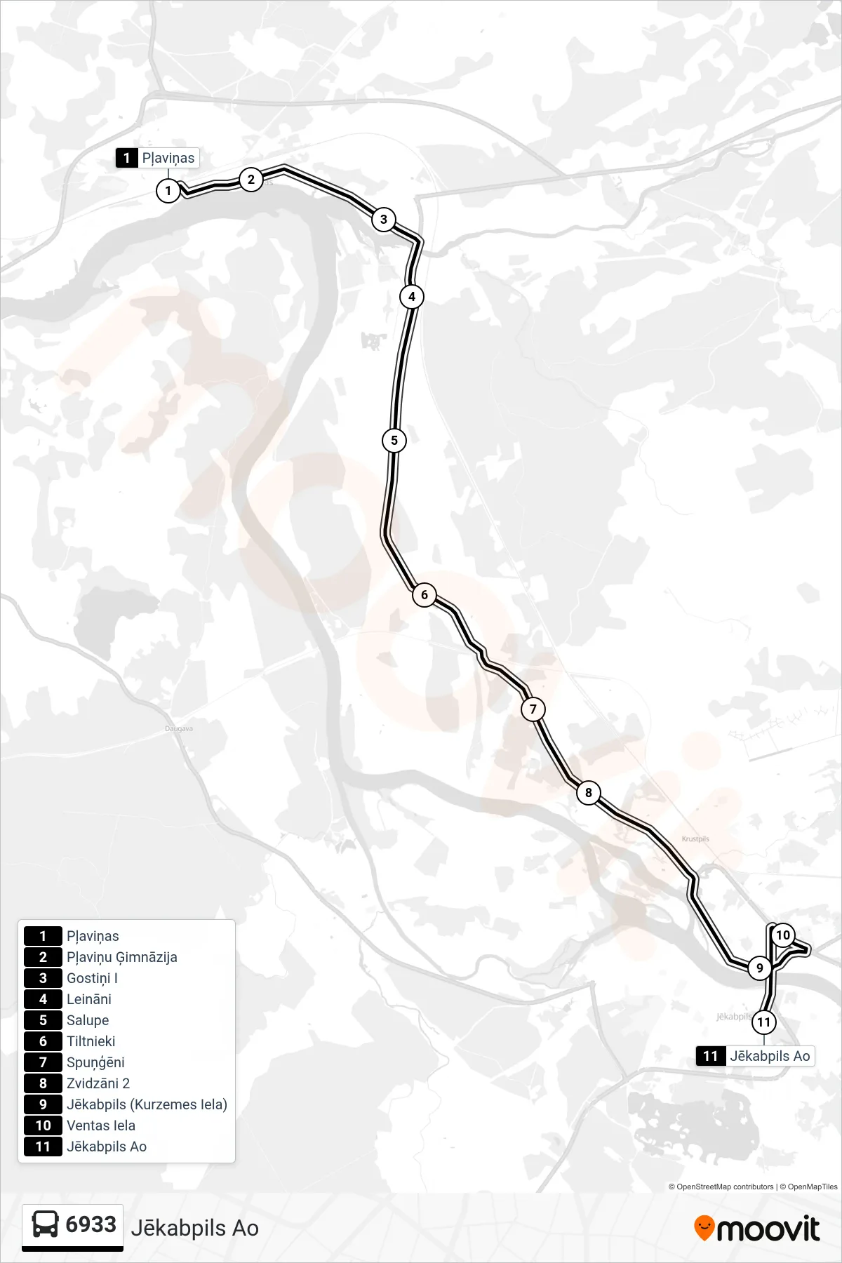 6933 bus Line (Jēkabpils Ao) route and stops on a map