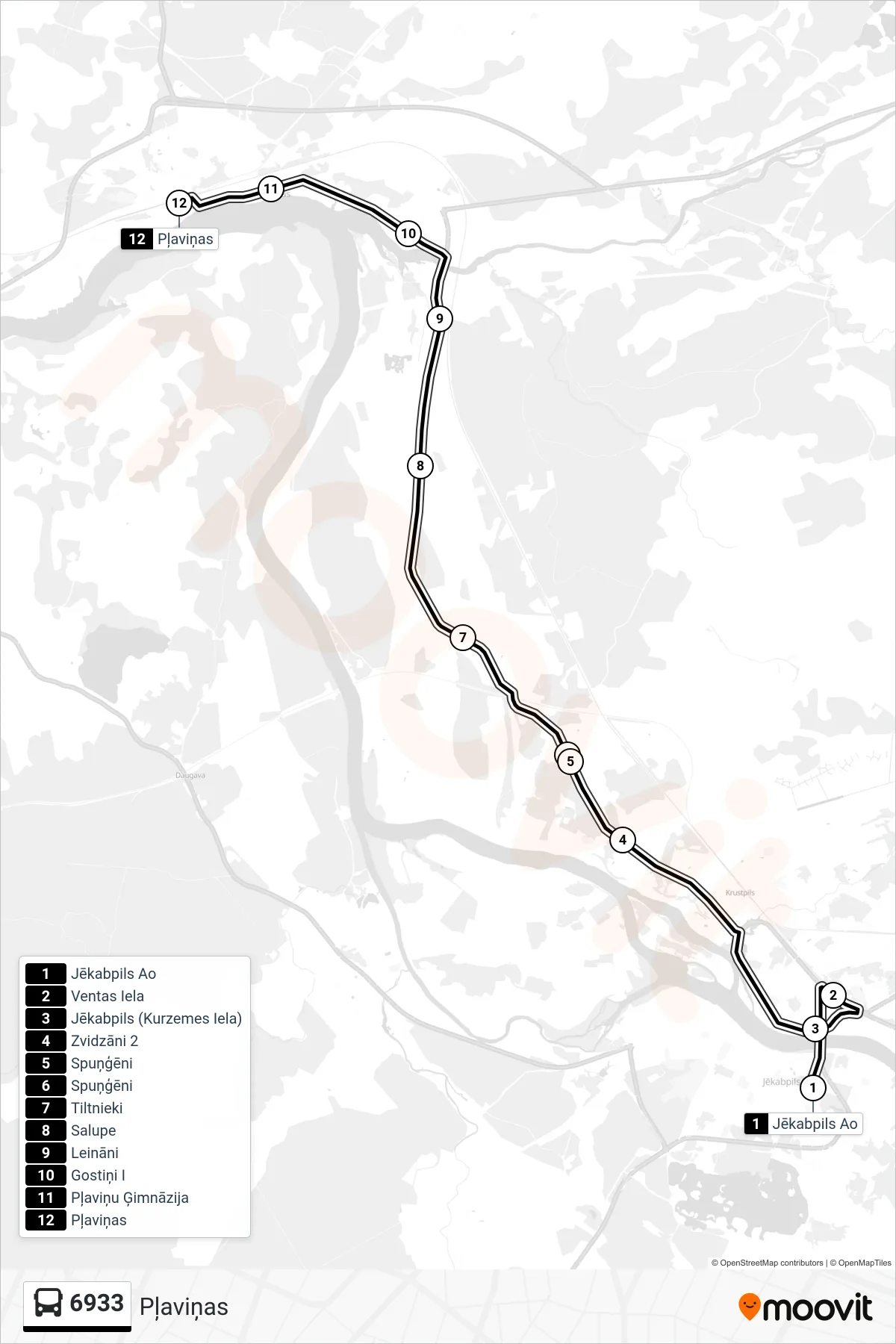 6933 bus Line (Pļaviņas) route and stops on a map