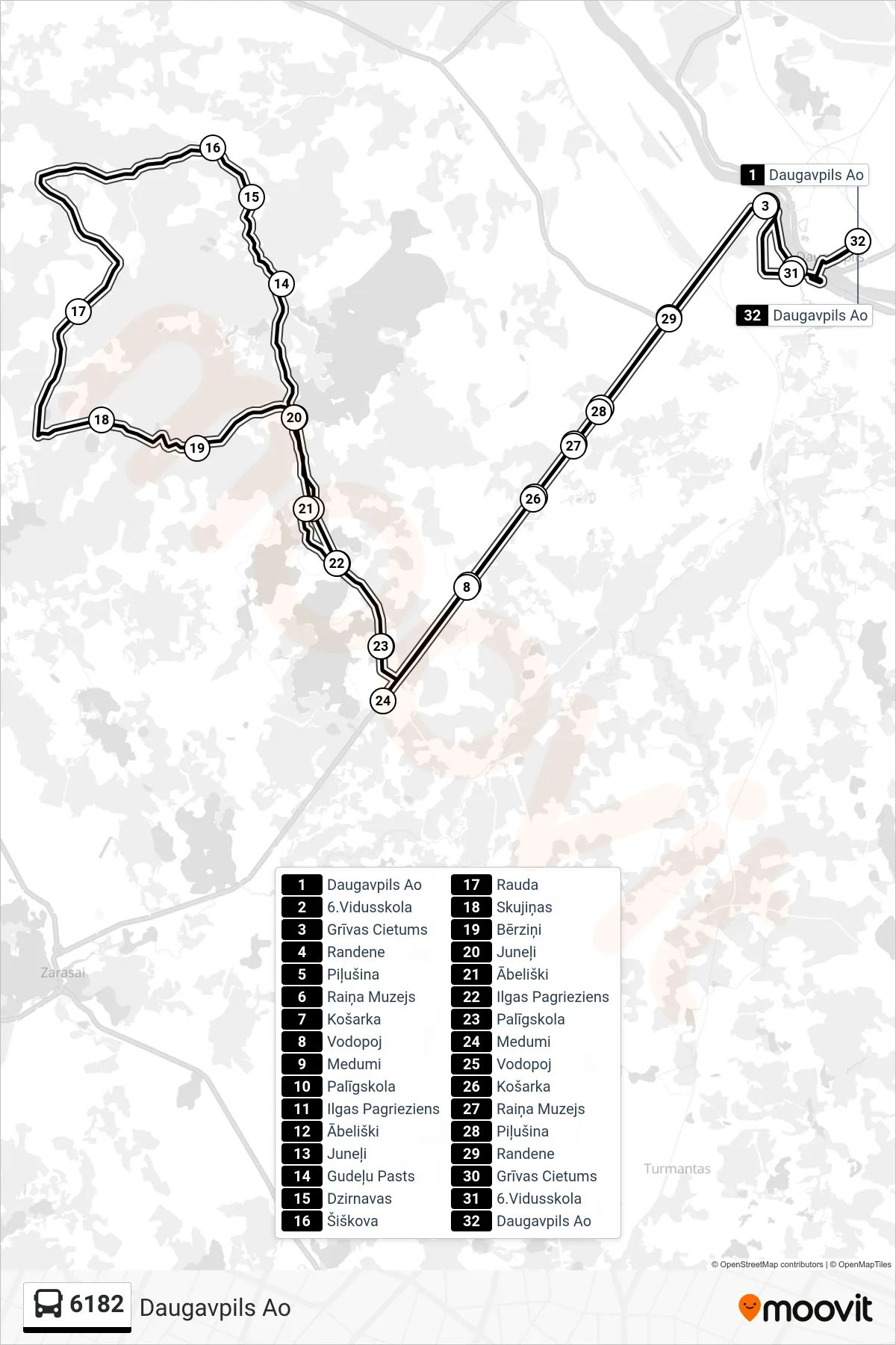 6182 bus Line (Daugavpils Ao) route and stops on a map