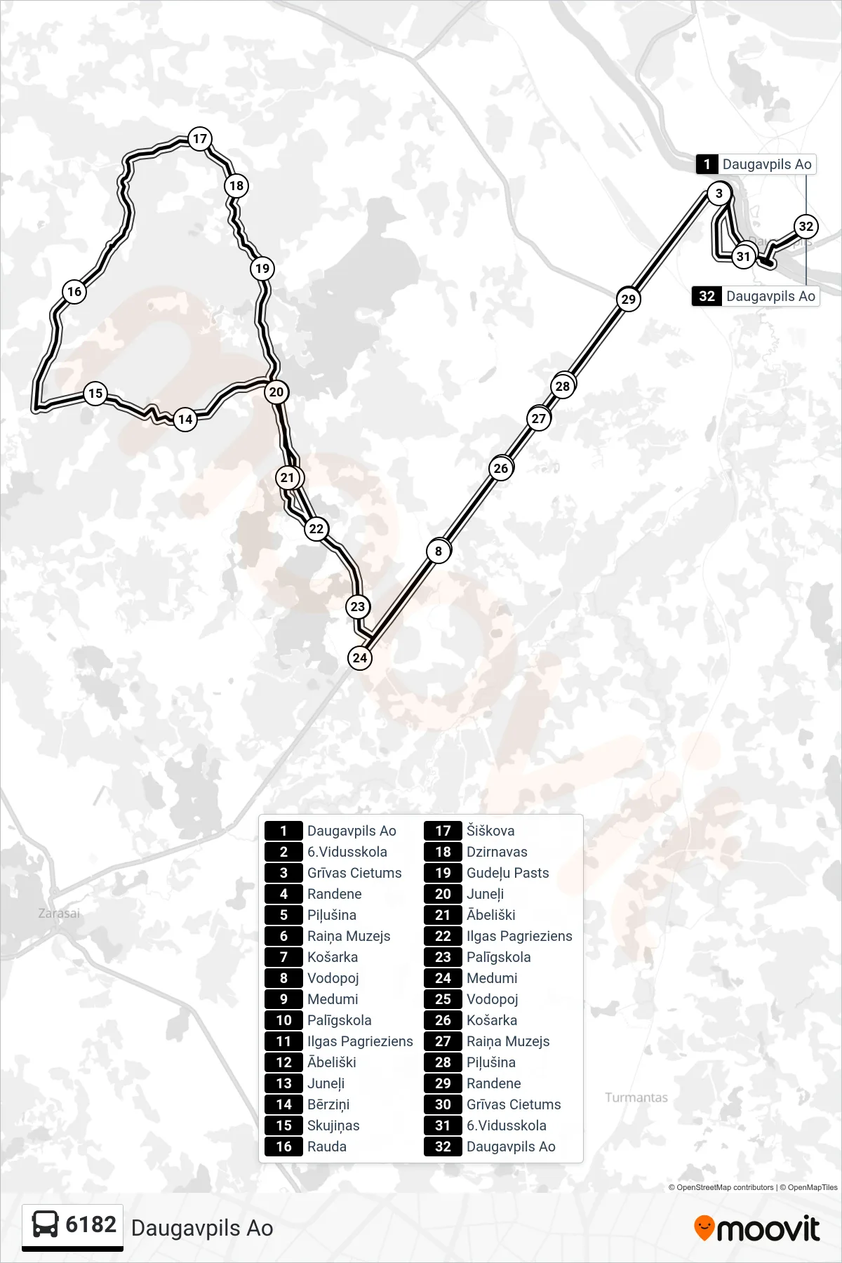 6182 bus Line (Daugavpils Ao) route and stops on a map