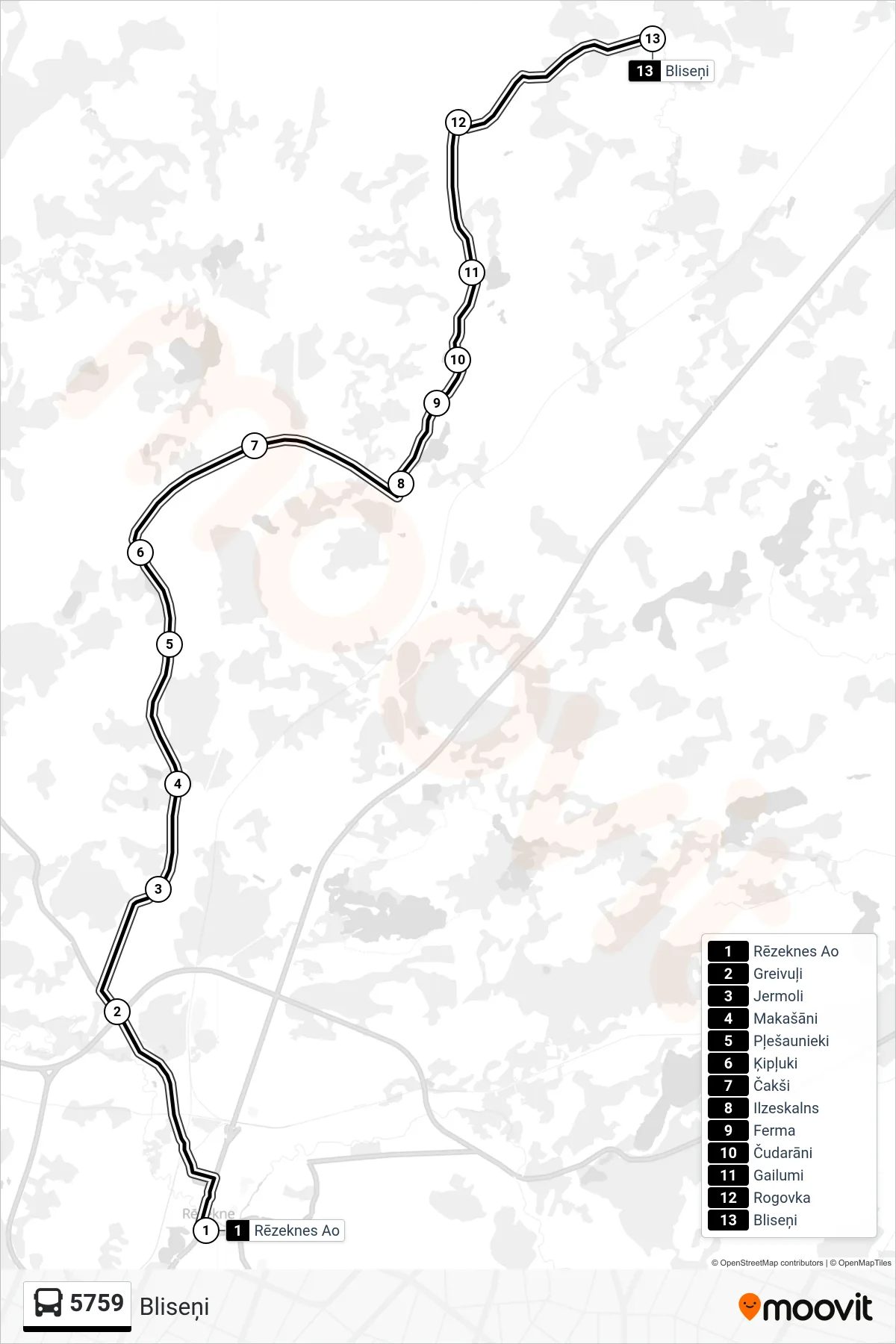 5759 bus Line (Bliseņi) route and stops on a map